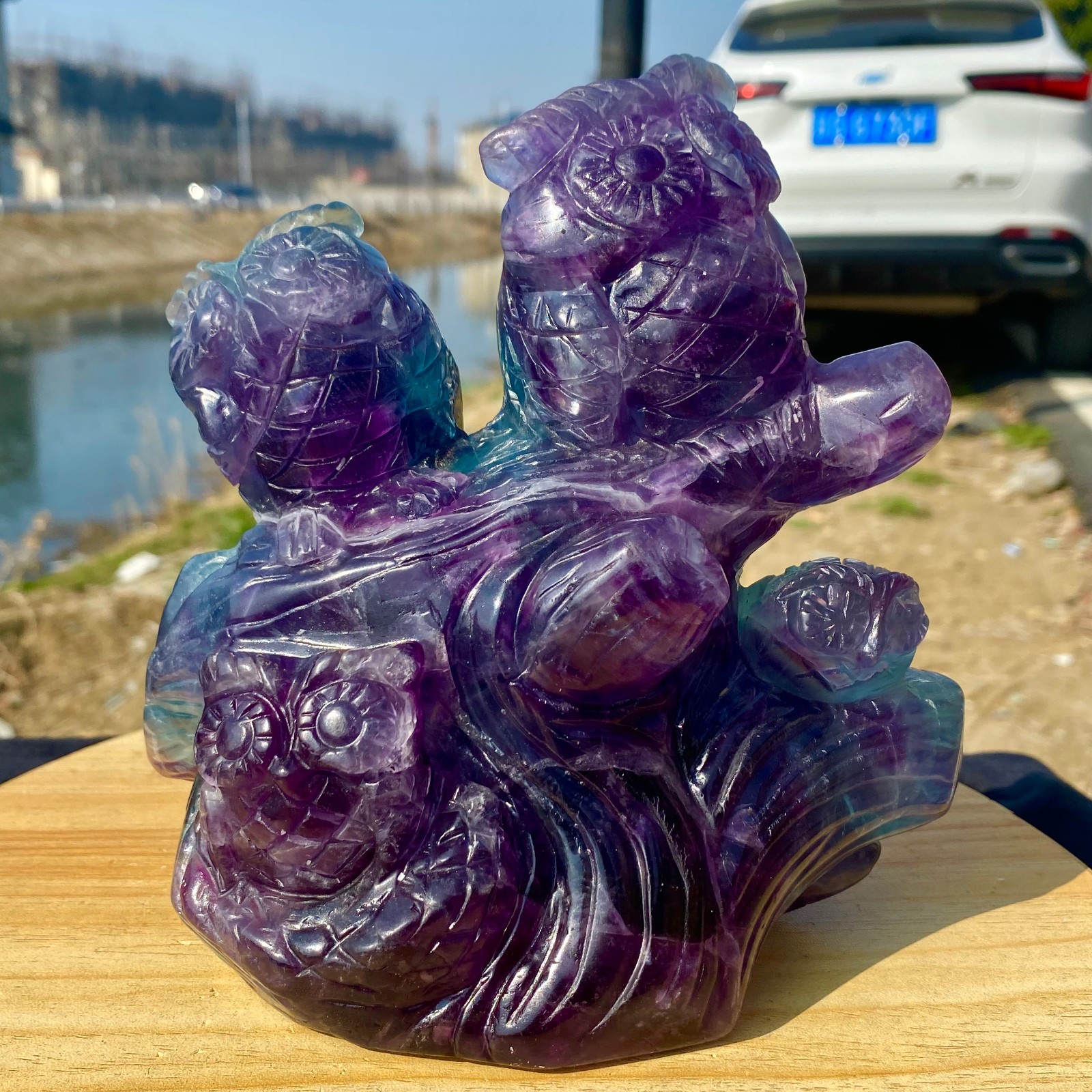 5.62LB Natural Fluorite Quartz Owl Sculpture Hand Carved Crystal Reiki Energy
