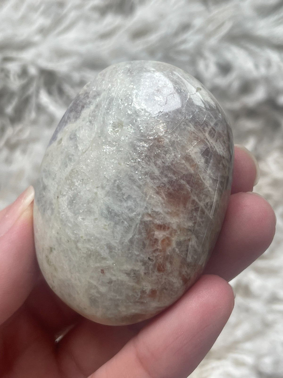 Rainbow Moonstone with Sunstone Palmstone, Medium – Blue & Silver Flashes (MZ)