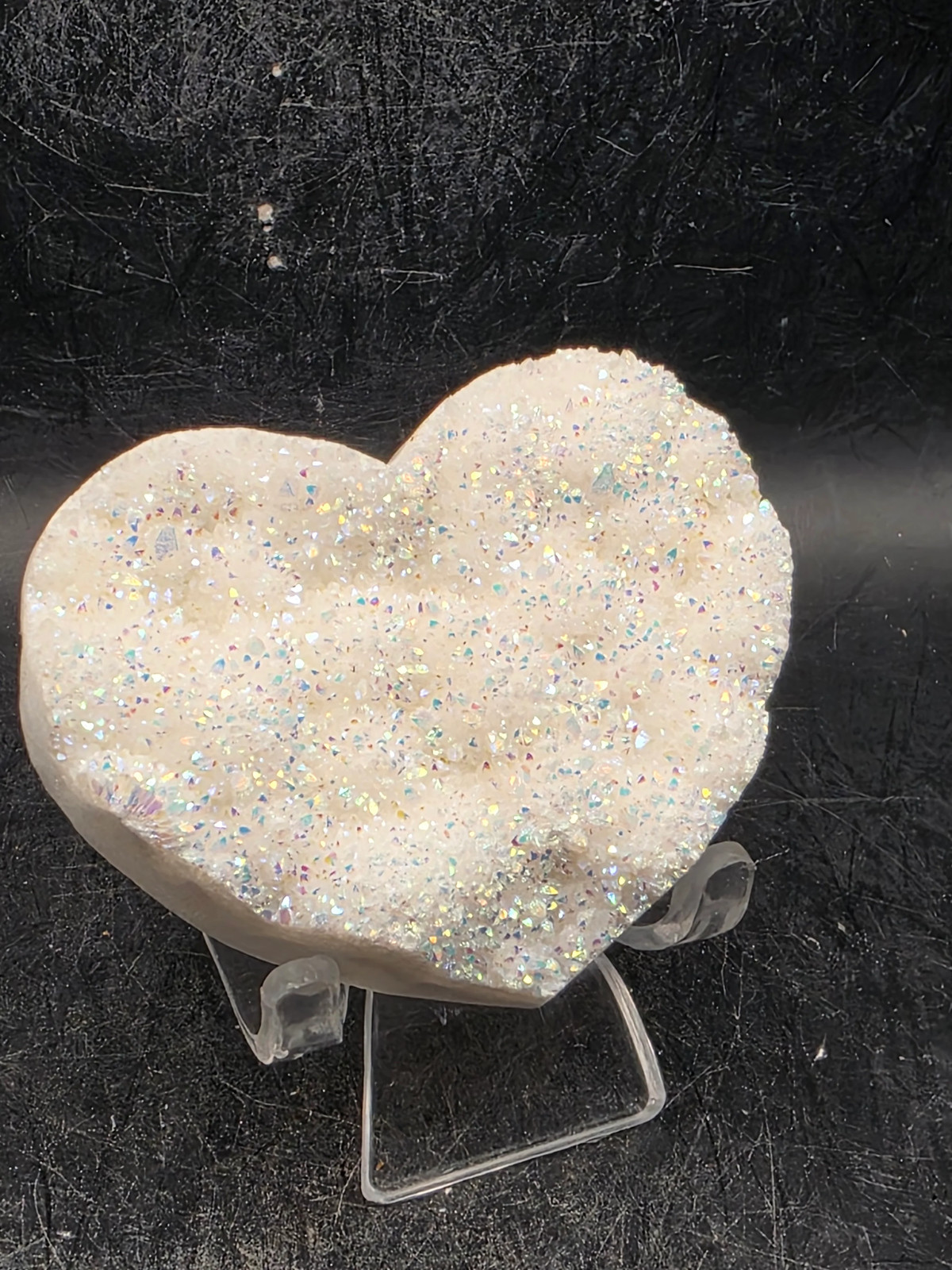 White pearl aura quartz heart! 4 ounces, 2.6 inches wide, 2.2″ tall