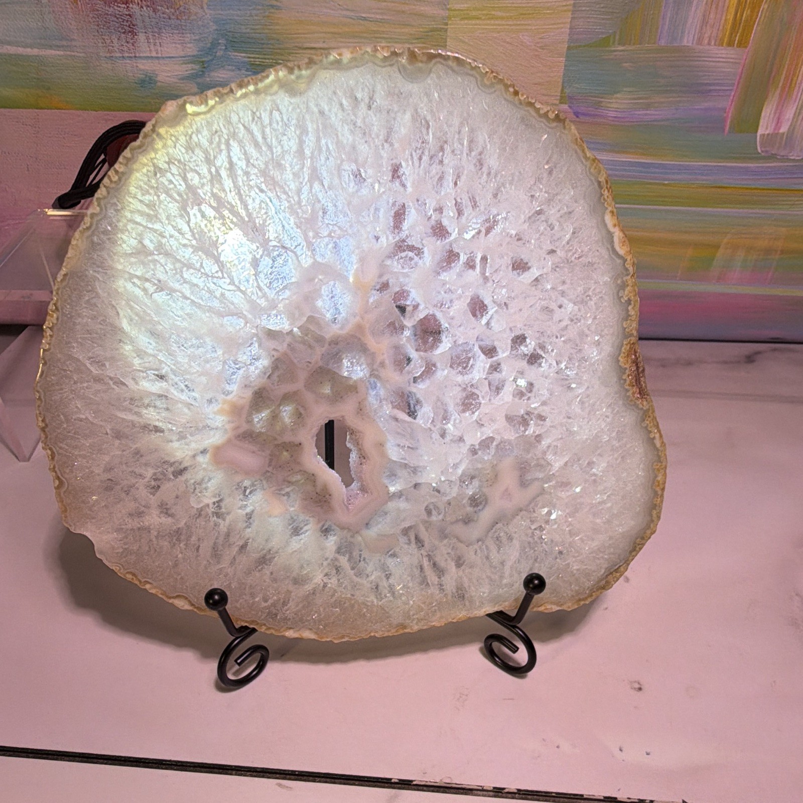 White Agate Geode Slice Crystal Mineral Display Specimen on Metal Stand ~6 in