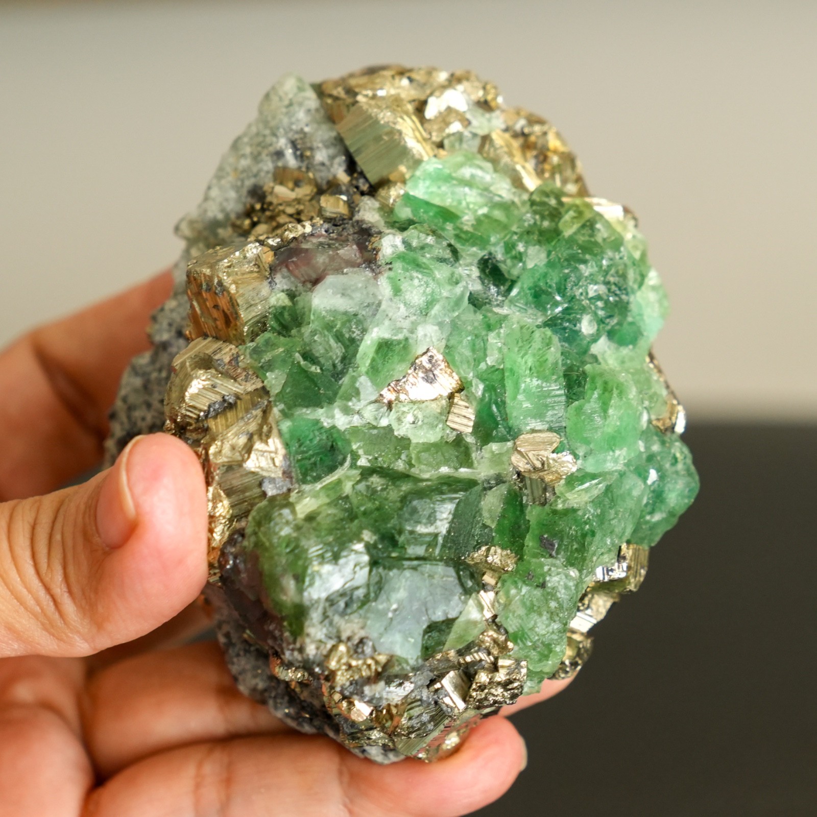 Rare Peruvian Green Fluorite with Golden Pyrite Cubes – Huanzala, Peru, 1.299 lb