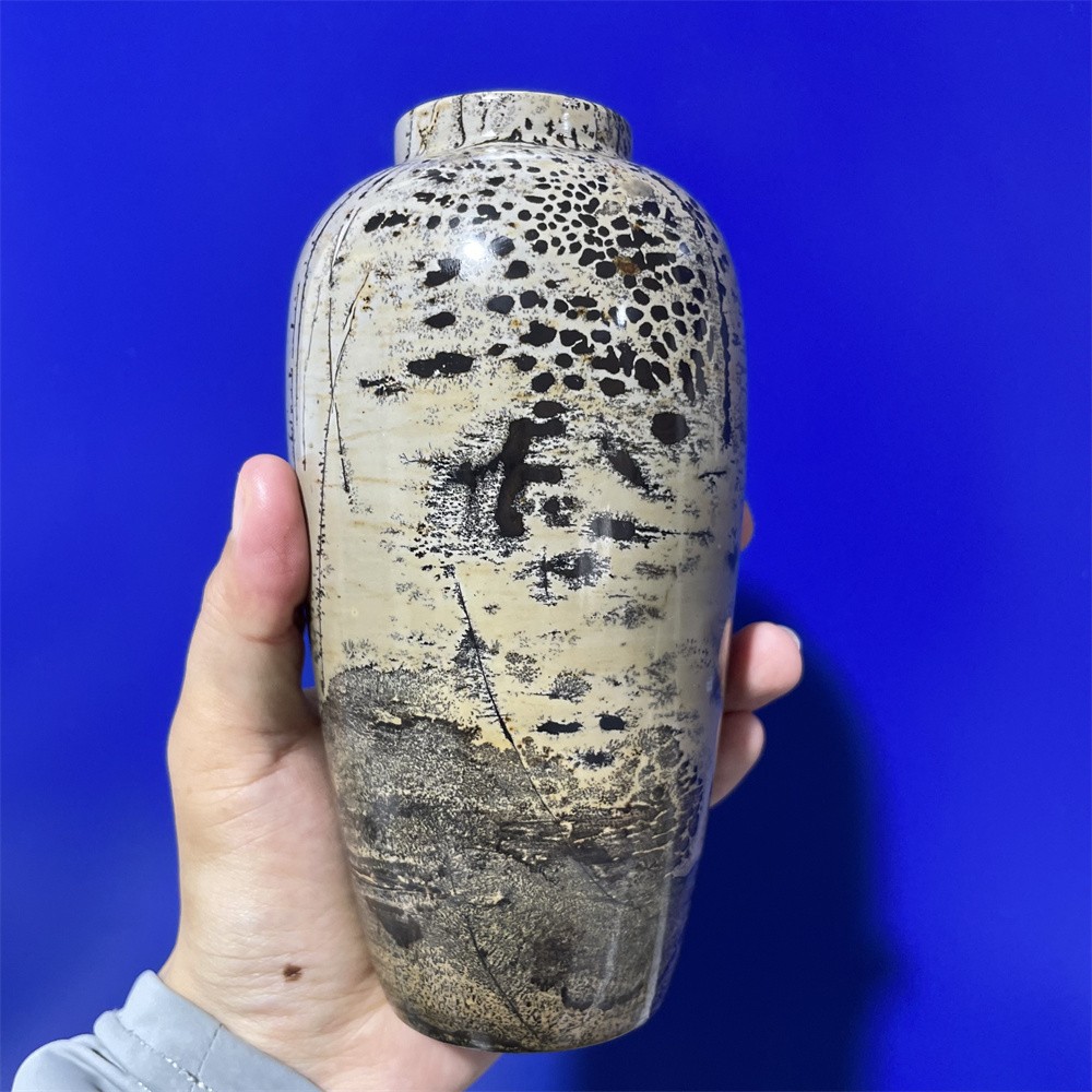 3.3LB 6.1″ Natural Picture Jasper Vase Ornament Quartz Crystal Carving Decor