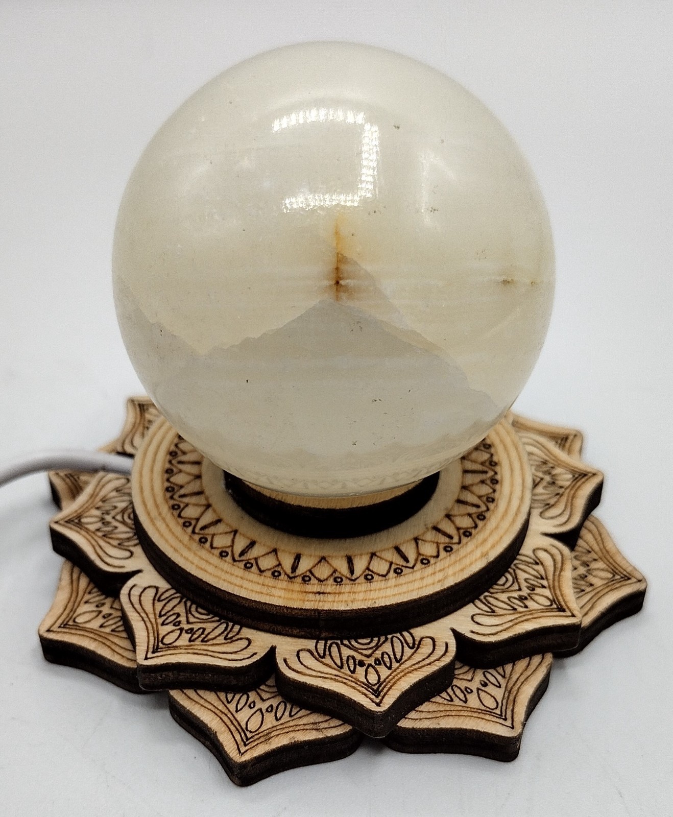 Natural Green Banded Onyx Sphere 47mm w/ USB Lighted Lotus Stand – Crystal Décor
