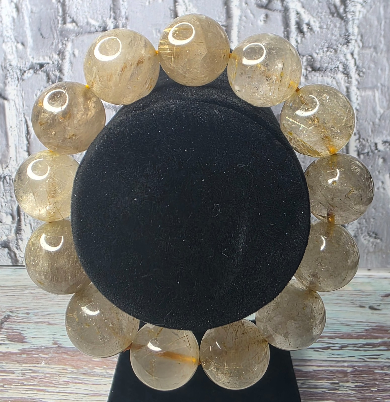 Natural Golden Rutile Quartz Bracelet 17mm Round Beads Stretch Crystal 104g