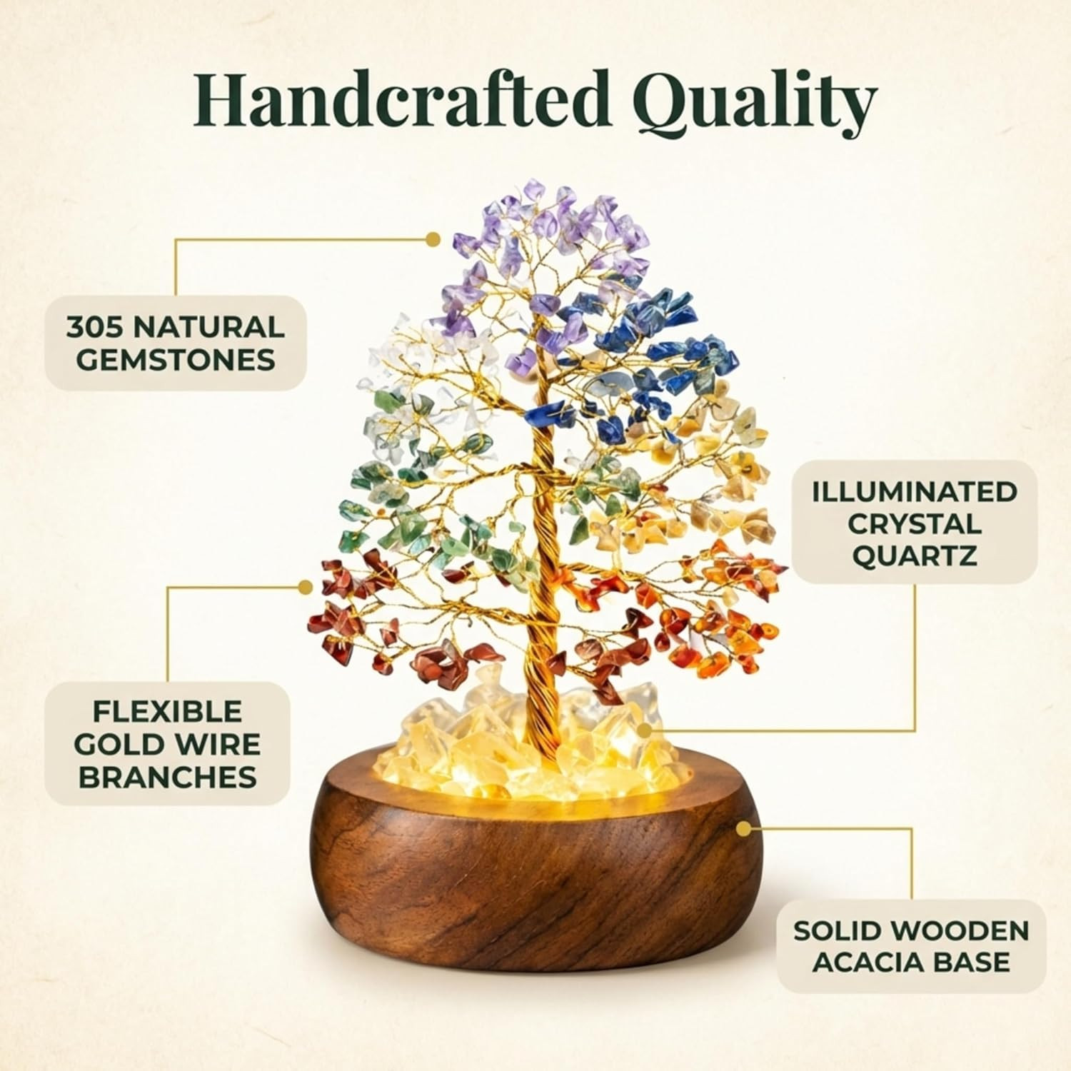 7 Chakra Crystal Tree of Life with LED Light, Handcrafted Gemstone Bonsai with Q