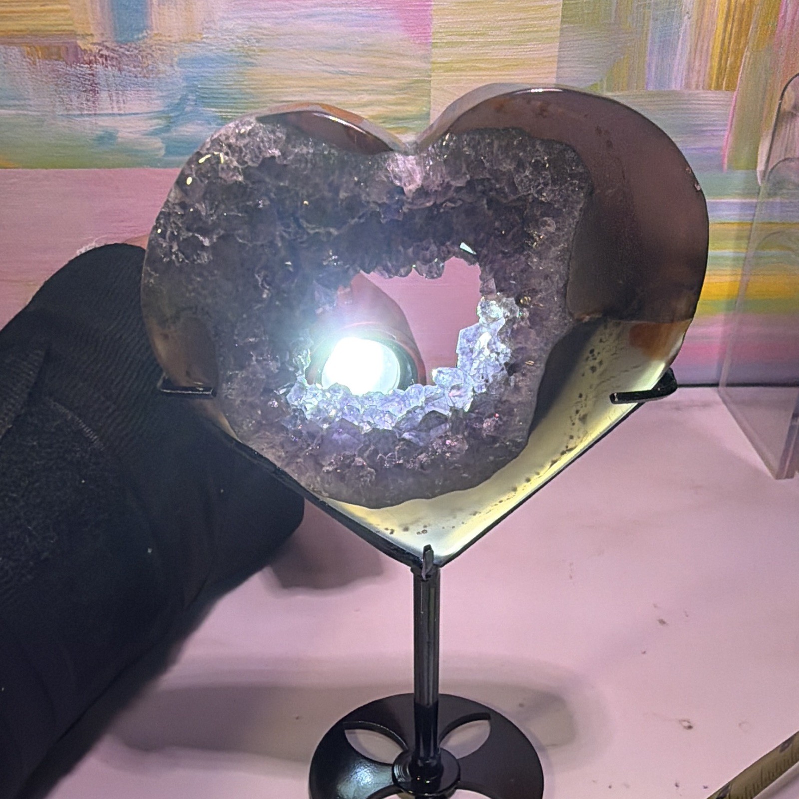 Heart-Shaped Purple Crystal Geode Slice Decor on Black Metal Stand, 6 in Tall