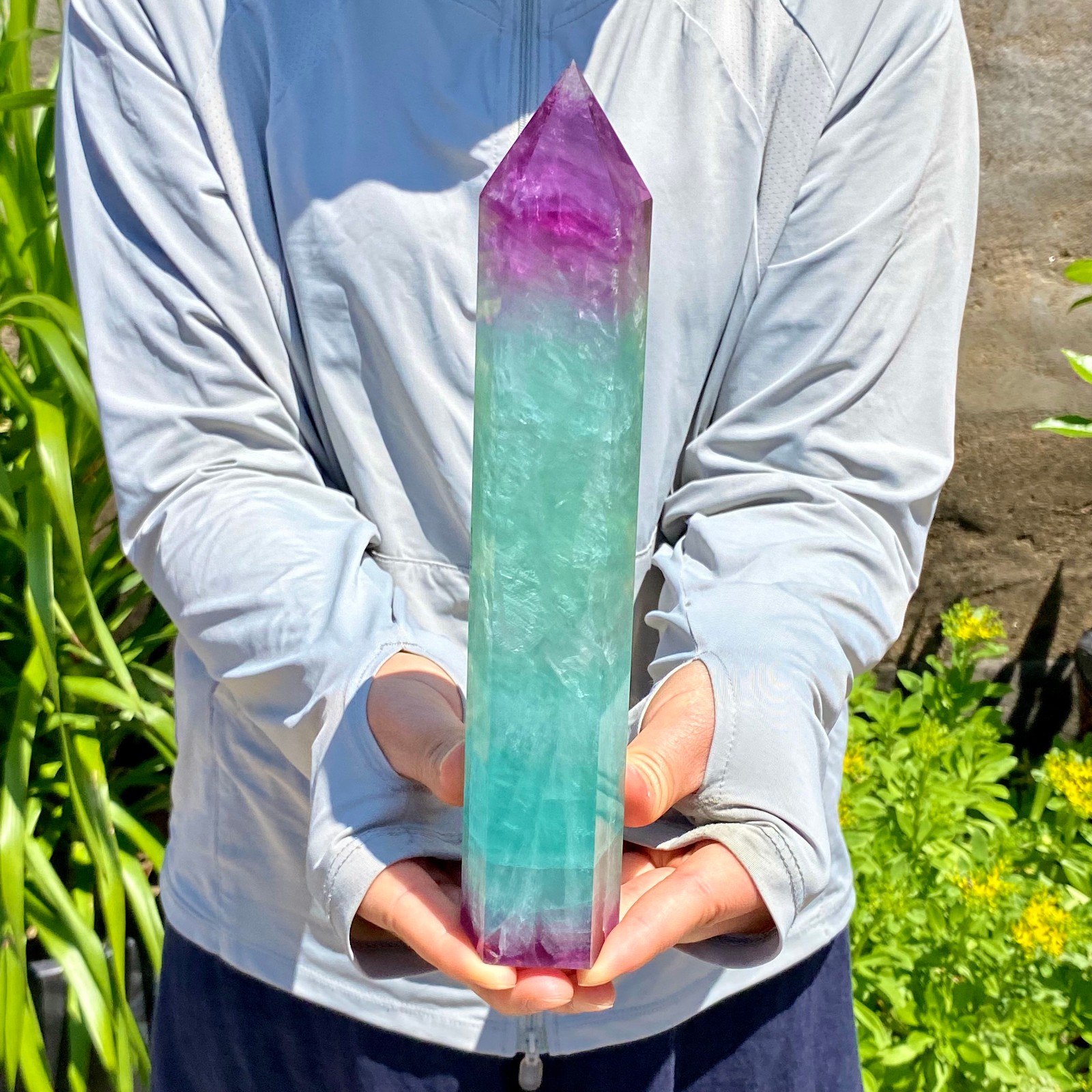 2.16LB Natural Rainbow Fluorite Obelisk Quartz Crystal Wand Tower Point Healing