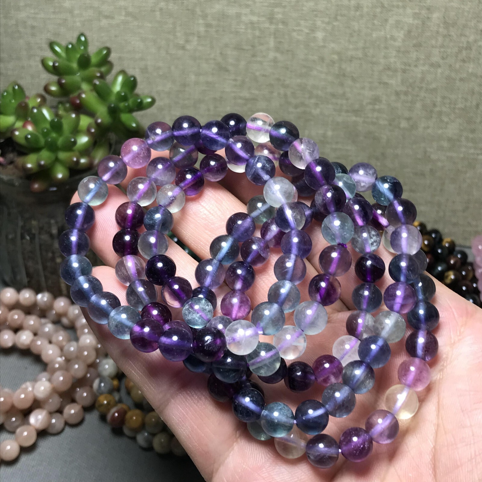 5Pcs Wholesal Natural Polish Rainbow color Fluorite crystal bracelets ball 8mm