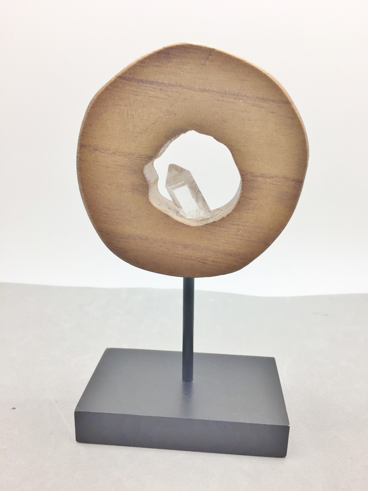 Natural Quartz Crystal In Wood Display Pedestal Modern Home Decor Interior 7″