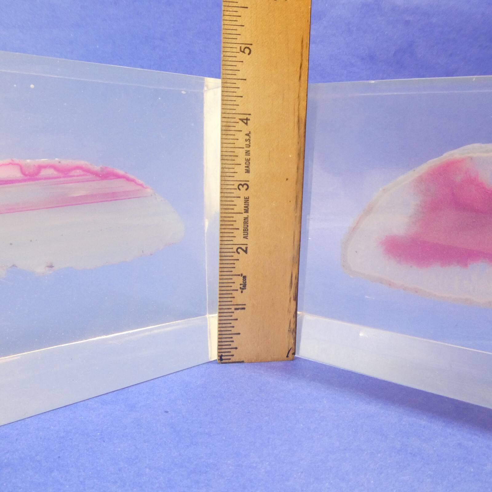 Bookends Pair Vintage Pink Agate Geode Slice in Clear Lucite Acrylic Block