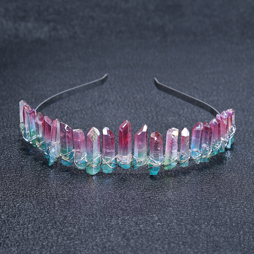 Handmade Quartz Crystal Crown Gradient Green Pink Stone Angel Aura Hair Hoop
