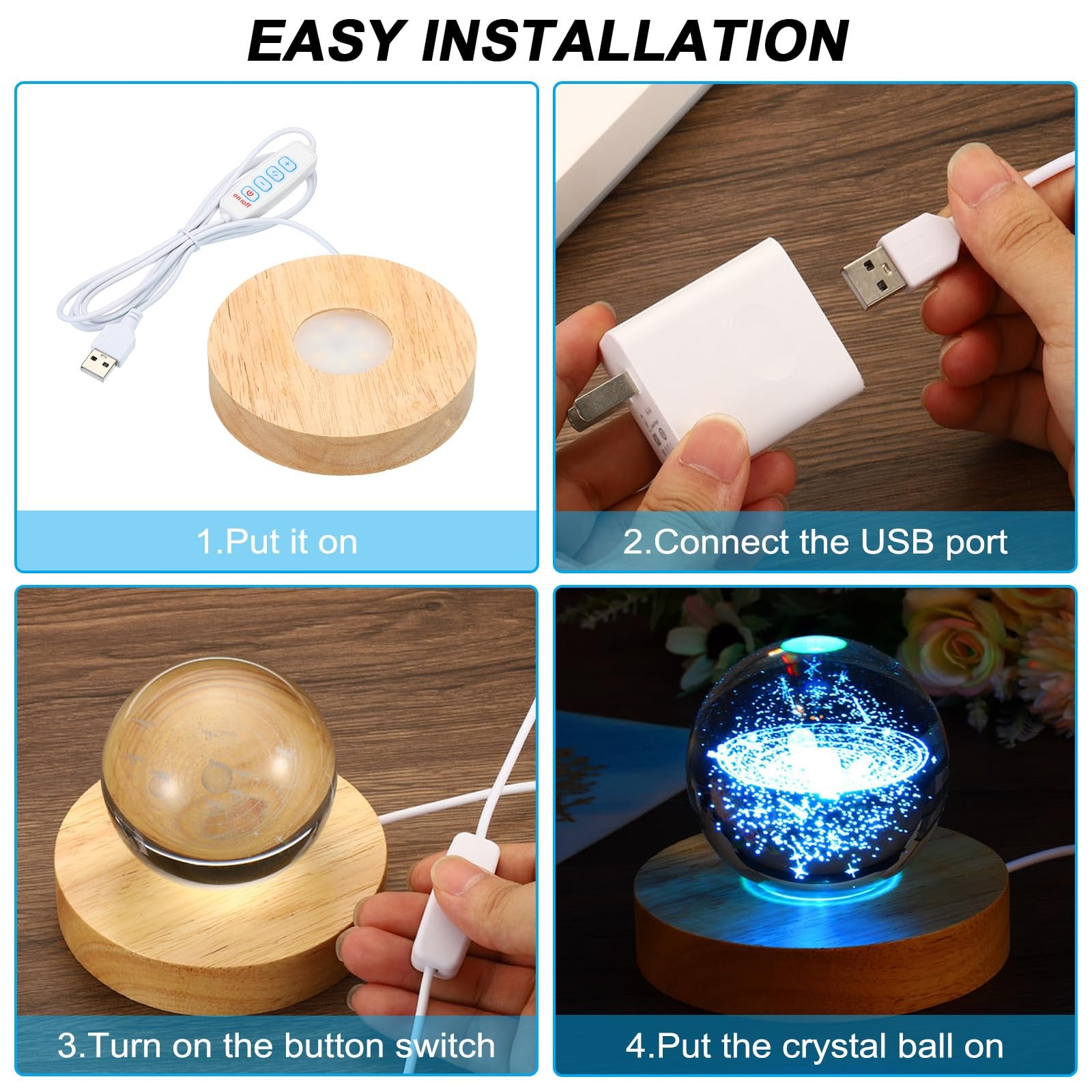 4 Inch Wooden LED Light Base, Wood Light Display Base Stand Lighting with Swi…