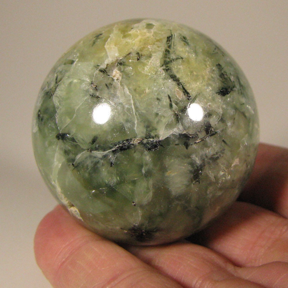2.1″ Green PREHNITE w/ TOURMALINE, EPIDOTE Sphere w/ Stand – Australia – 53mm
