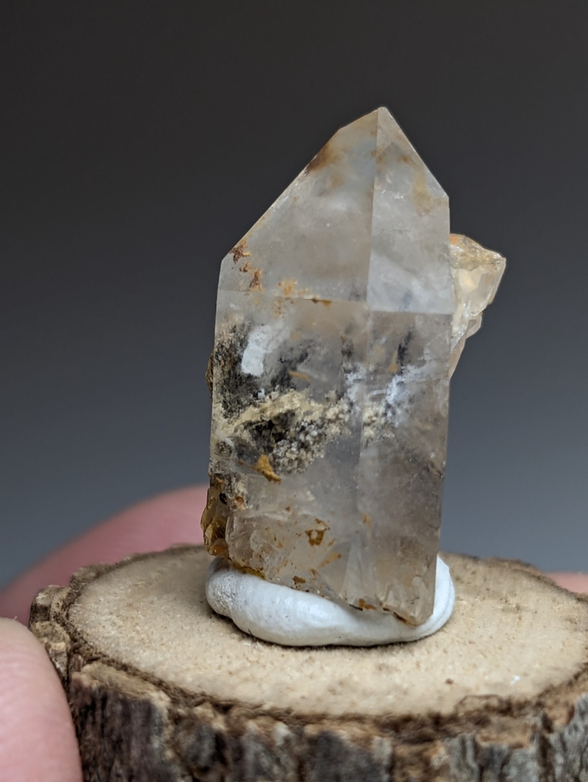 Nacrite + Manganese included Quartz Crystal Point, Arkansas, w/ wood base