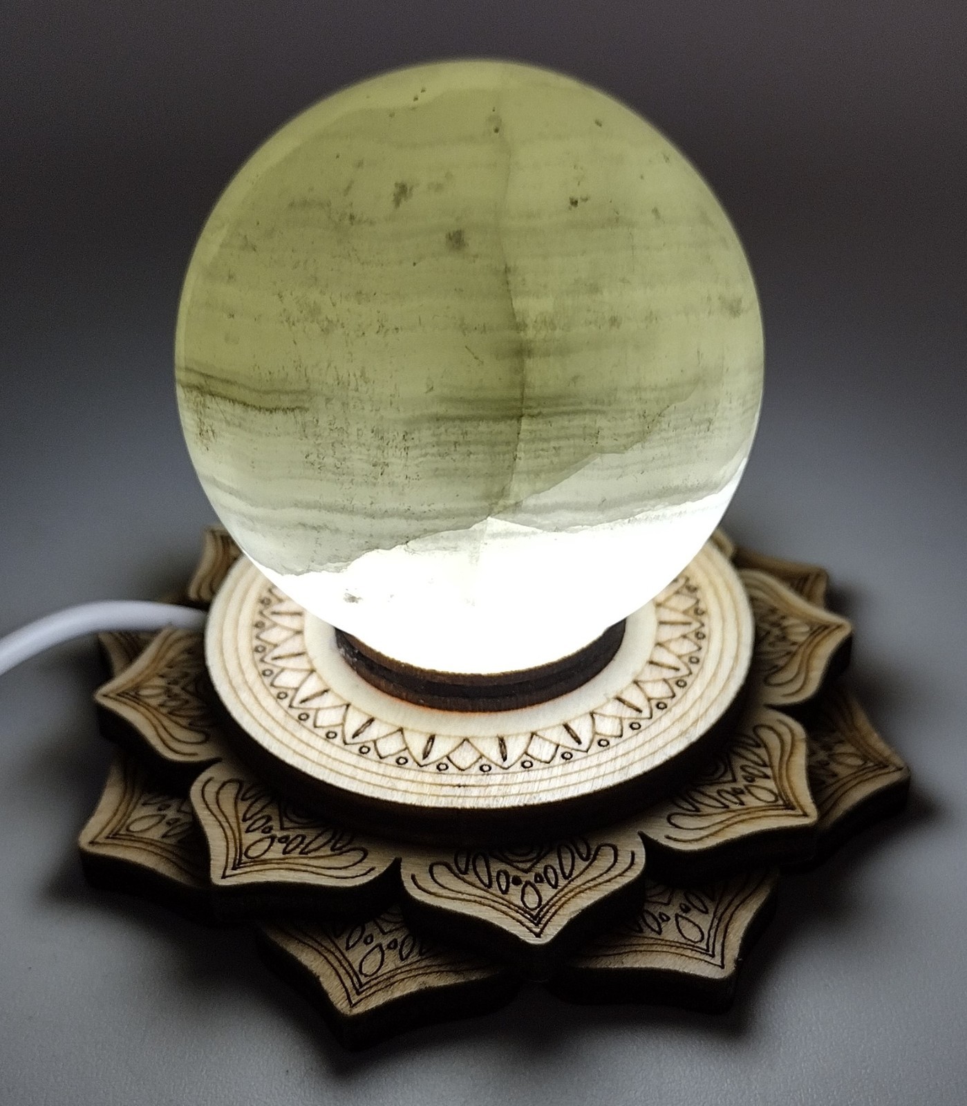 Natural Green Banded Onyx Sphere 47mm w/ USB Lighted Lotus Stand – Crystal Décor