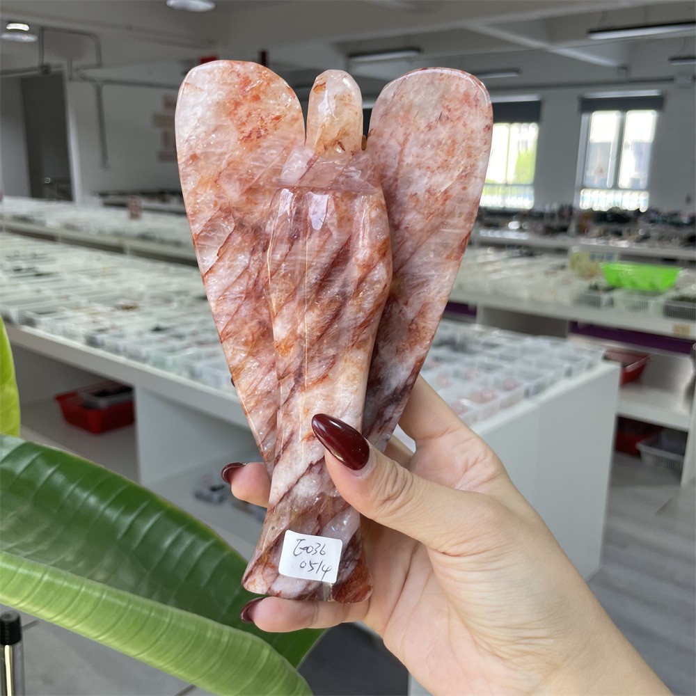1.7LB 7″ Natural Red Fire Quartz Angel Crystal Ornament Memorial Home Gift