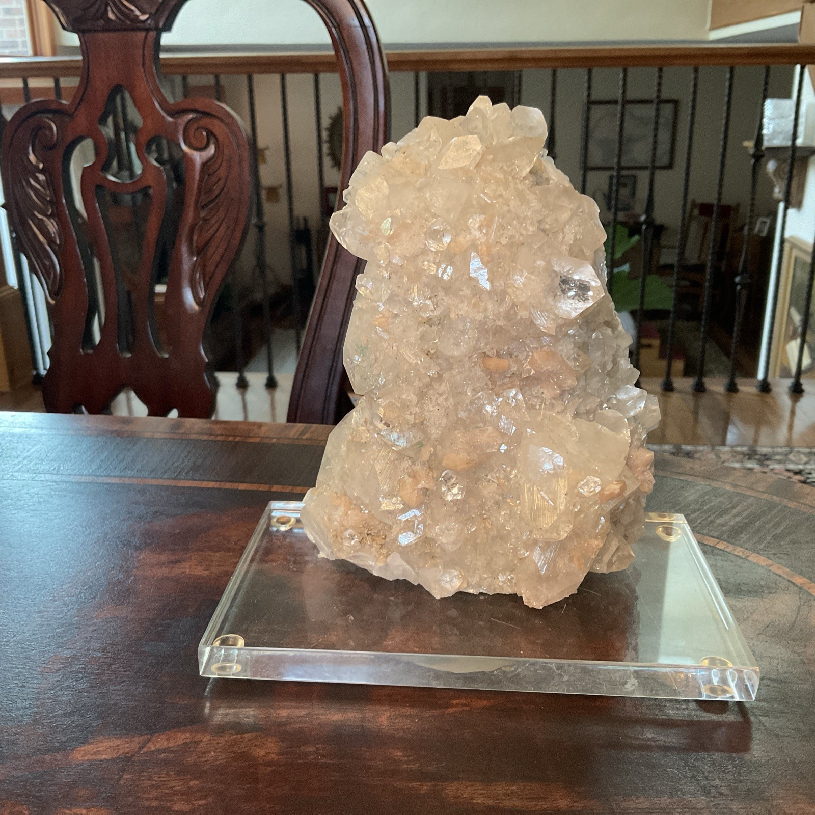 Large Quartz Crystal Cluster w/ White & Peach Minerals Lucite Display 7.5” Tall