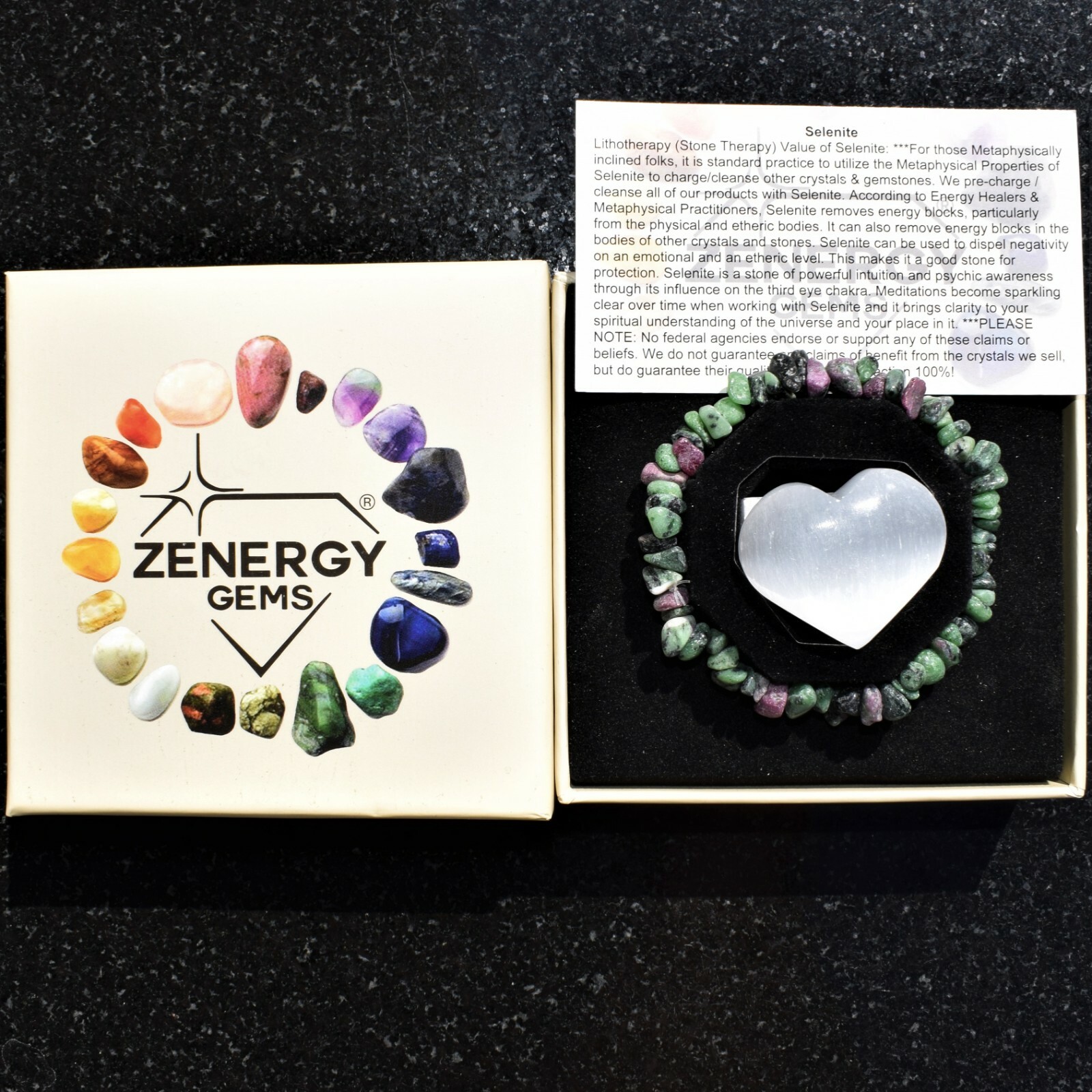 Premium Natural Ruby Zoisite Crystal Chip Stretchy Bracelet + Selenite Heart