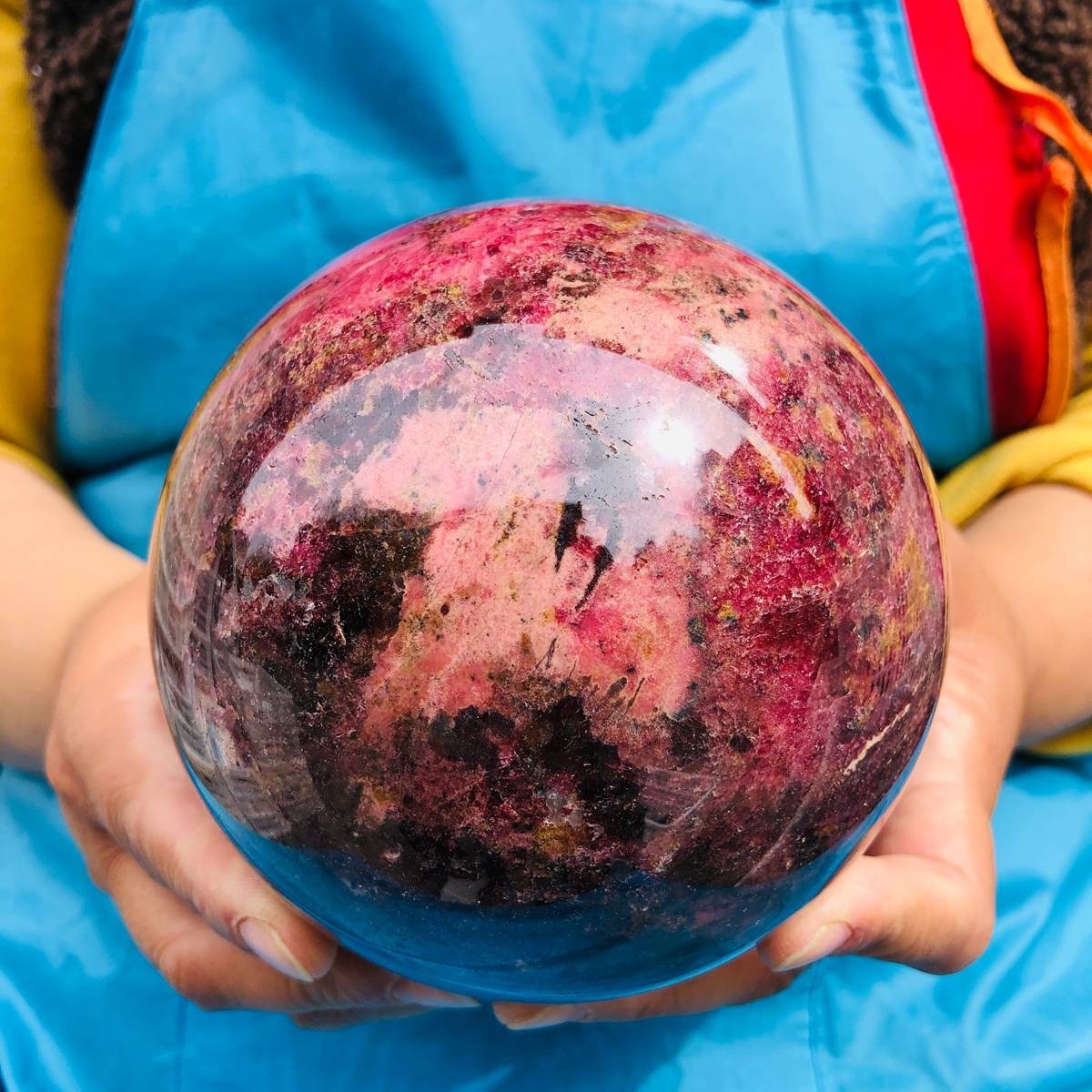 6.6LB Natural Rhodonite Crystal Sphere Pink Black Healing Gem Stone 4802