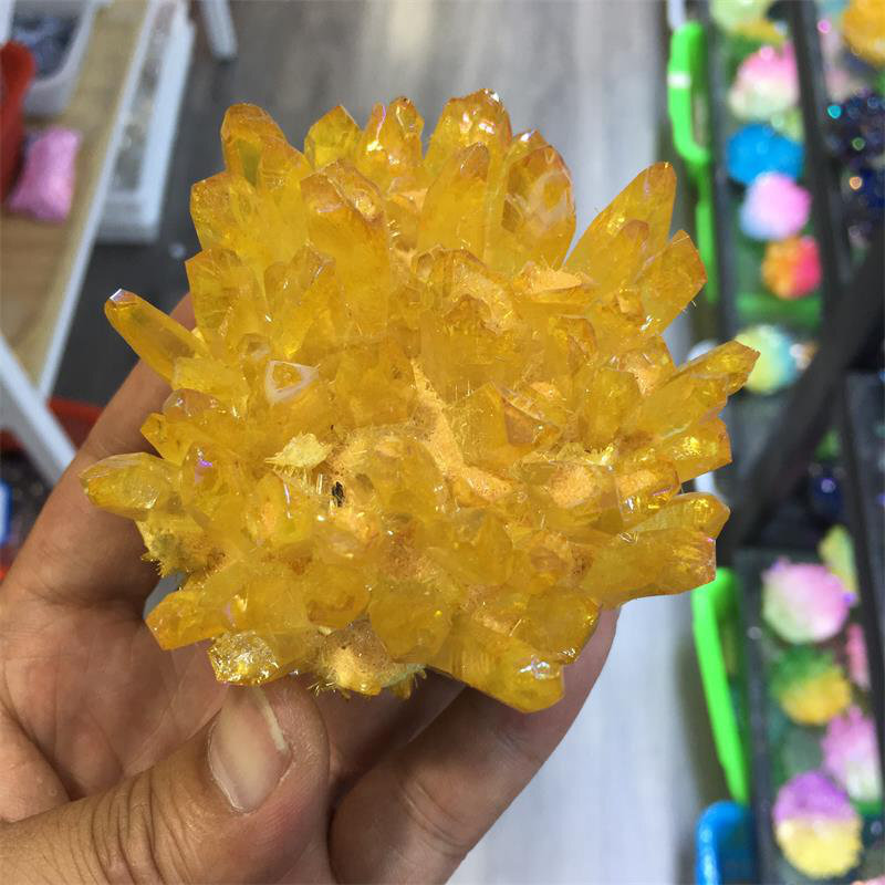 Natural Angel Aura Yellow Energy Titanium Stone Quartz Crystal Cluster Specimen