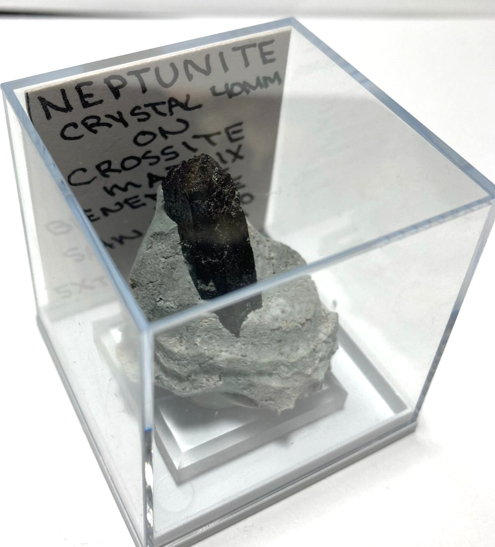 Stunning Neptunite 40mm crystal on Crossite matrix. San Benito California