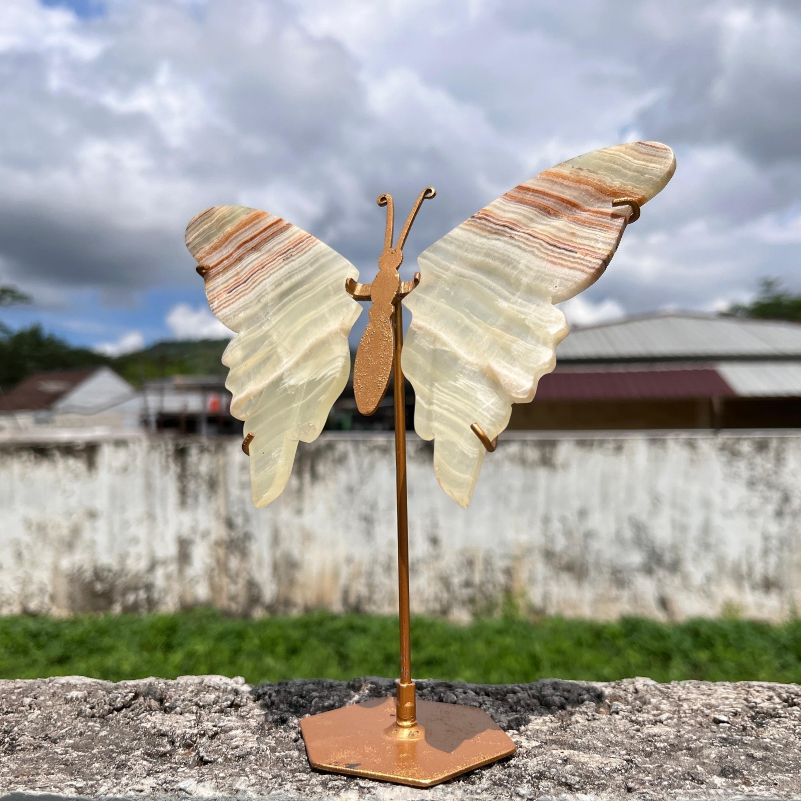 Banded Onyx Butterfly Wings For Display, Healing Quartz Crystal Wing + Stand