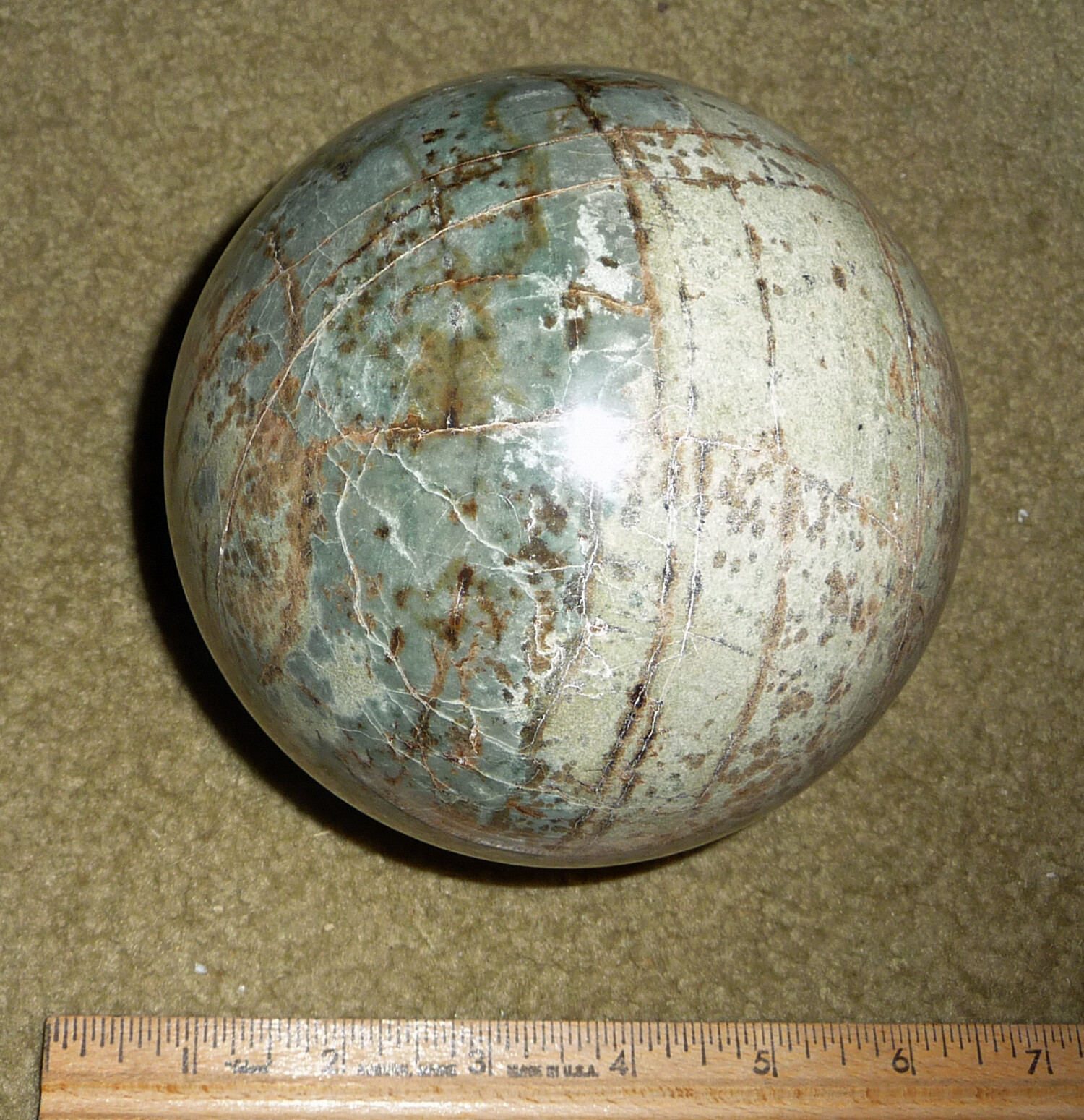 Large Green & White Brown lines Marble Gemstone Rock Sphere 4 3/4″ US handmade