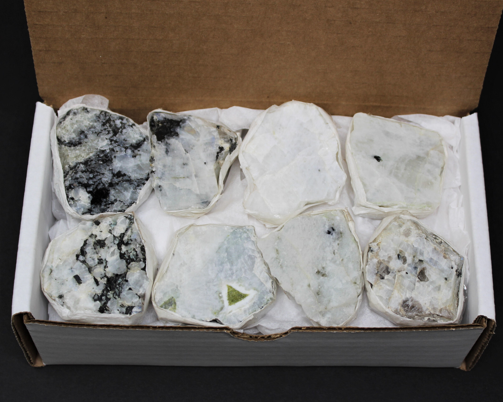 Rainbow Moonstone Premium Natural Rough Specimen Box: 8 or 12 Piece ‘AAA’ Grade