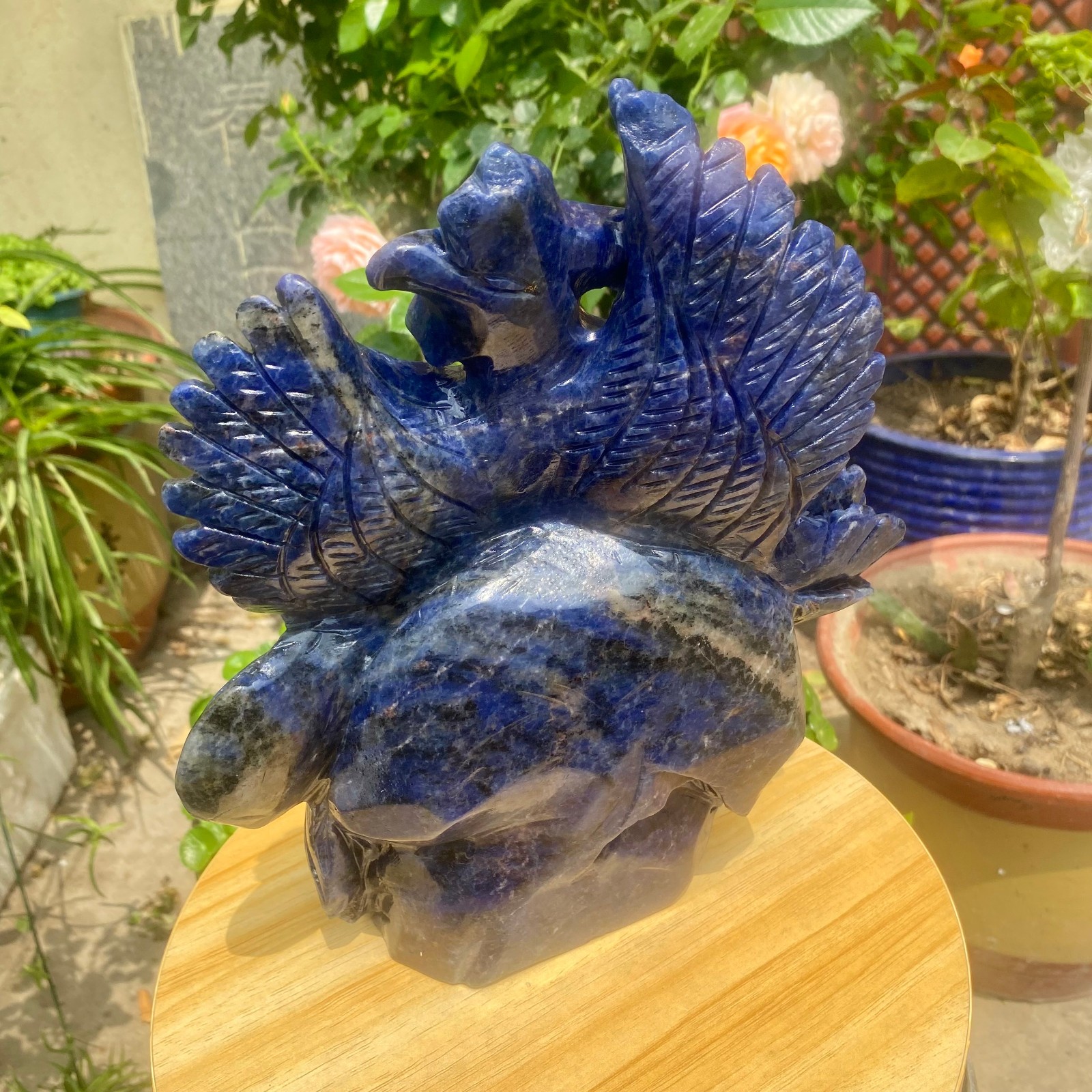 7.71LB Natural Blue Vein Stone Phoenix Carving, Home Decoration