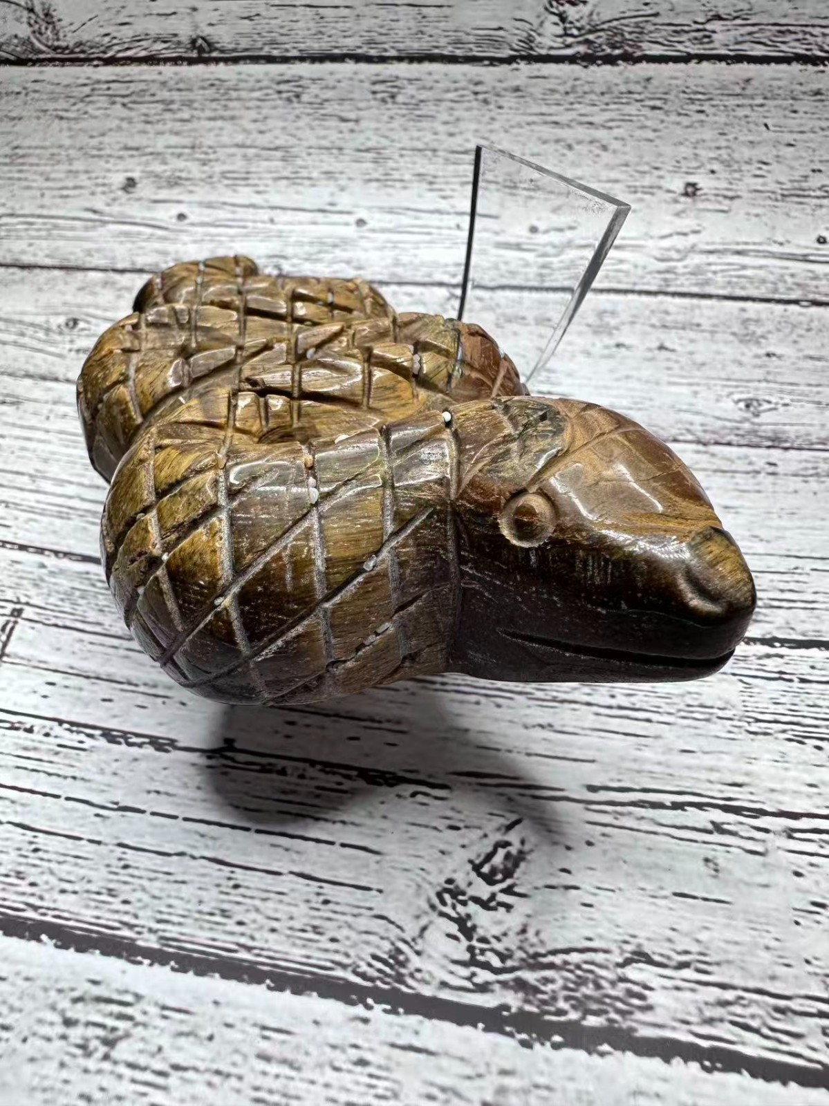 Natural Tiger’s Eye Snake Figurine 6″x2.75″ – Polished Crystal Carving 11.8 oz