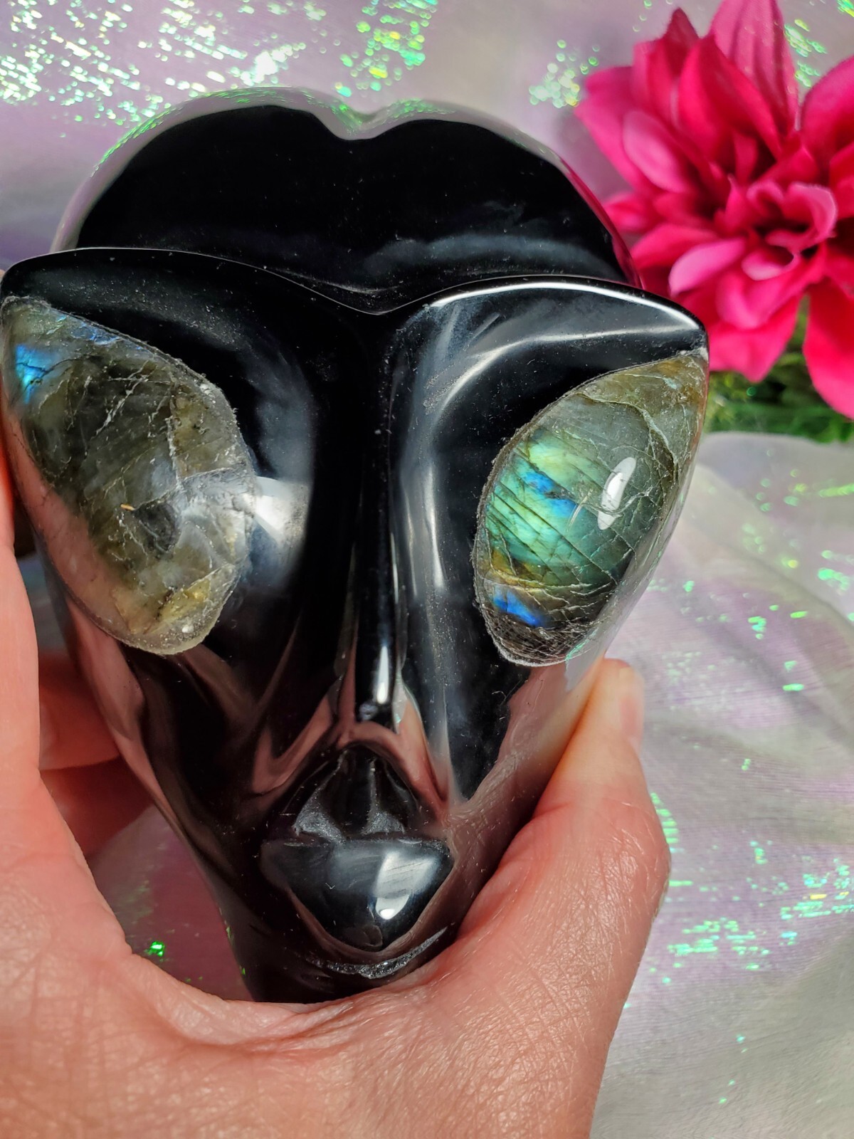 Beautiful 4″ Black Obsidian Lab Eyes Alien Star Being Head Skull Crystal Carving