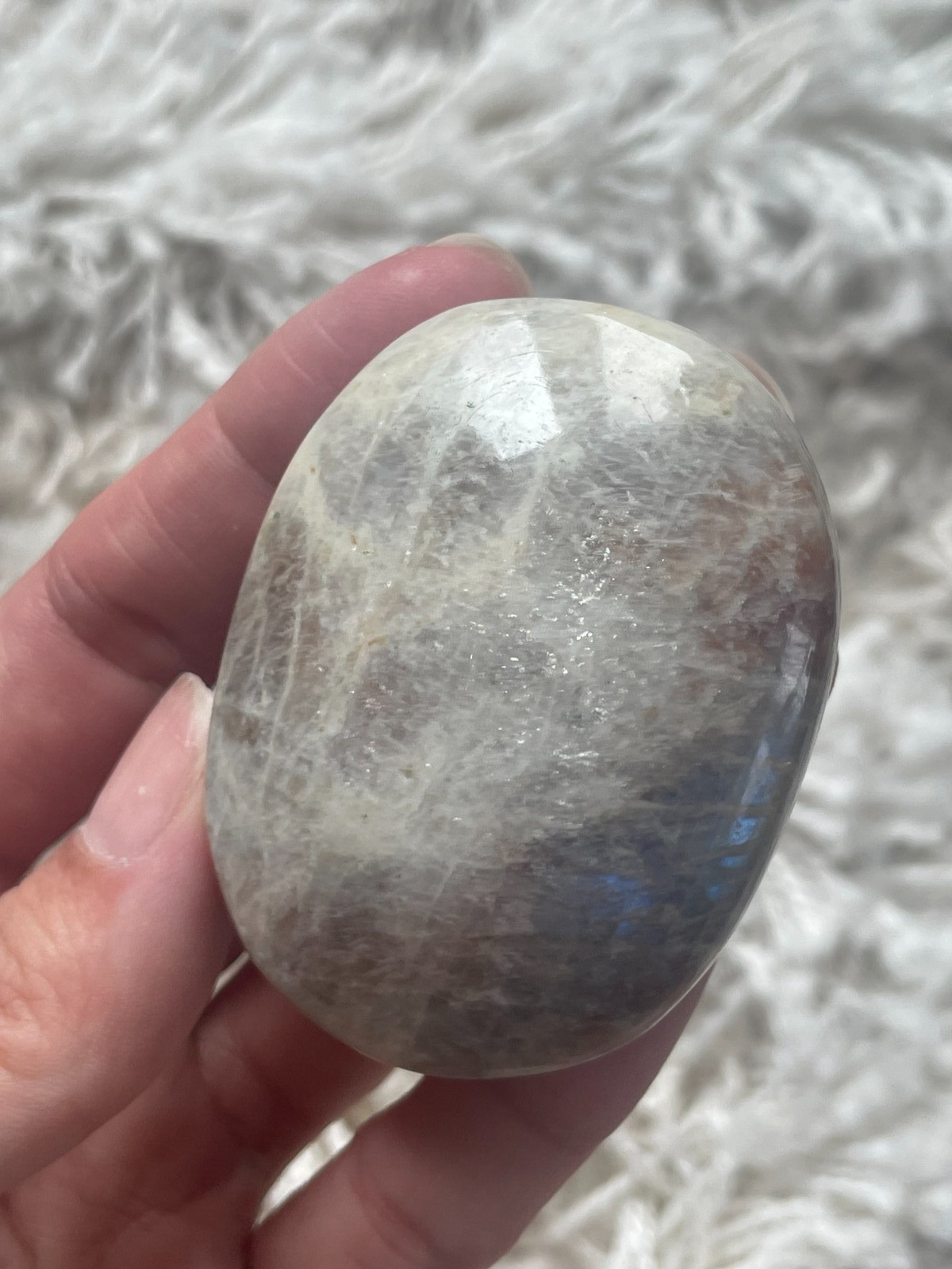 Rainbow Moonstone with Sunstone Palmstone, Medium – Blue & Silver Flashes (MZ)