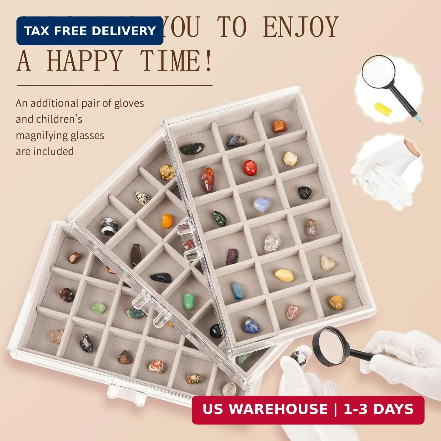 Bfttlity Acrylic Rock Display Case,54 Grids Rock Collection Box for Kids with Mi