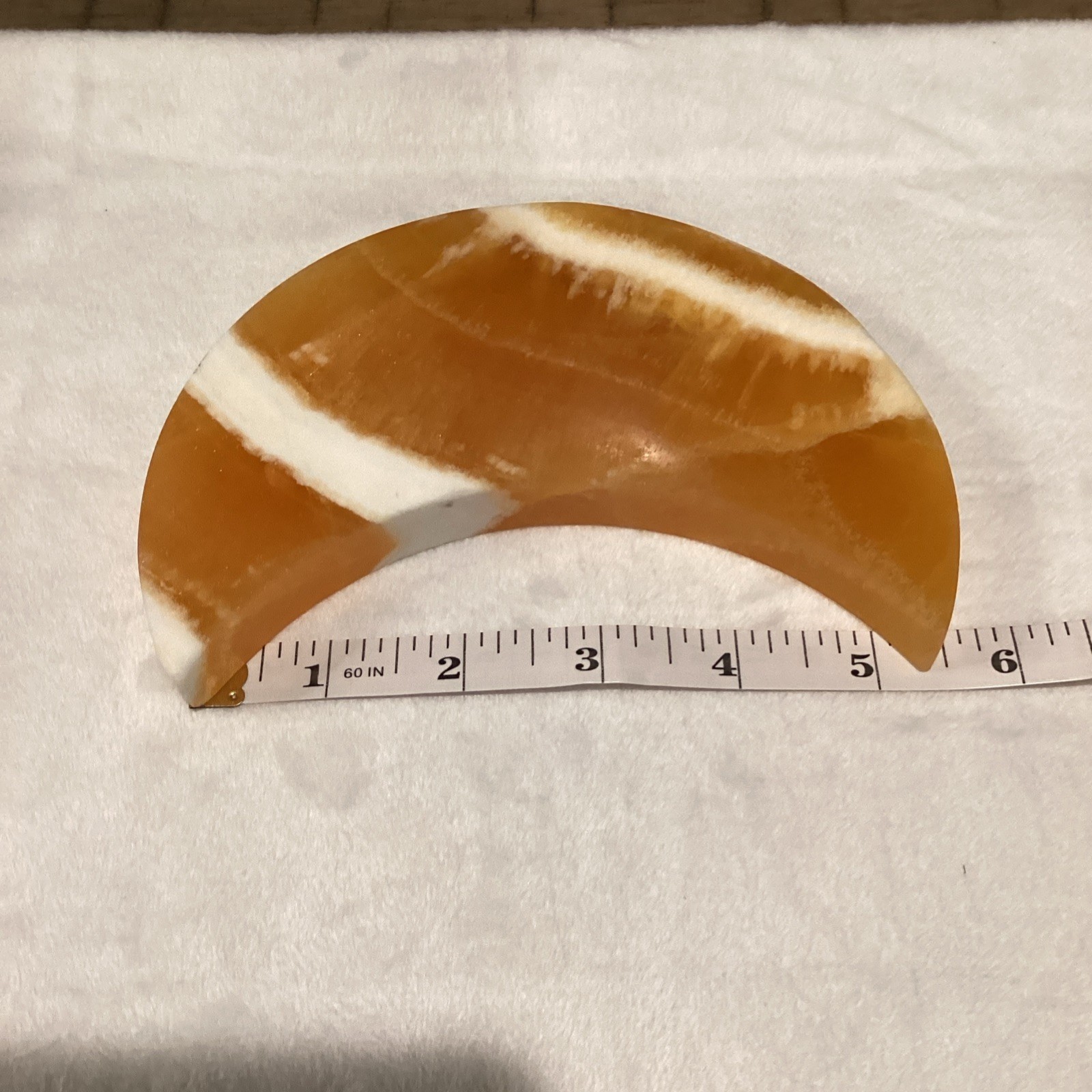 Polished Orange White Calcite Crescent Moon Crystal Specimen on Stand 6in 15 oz