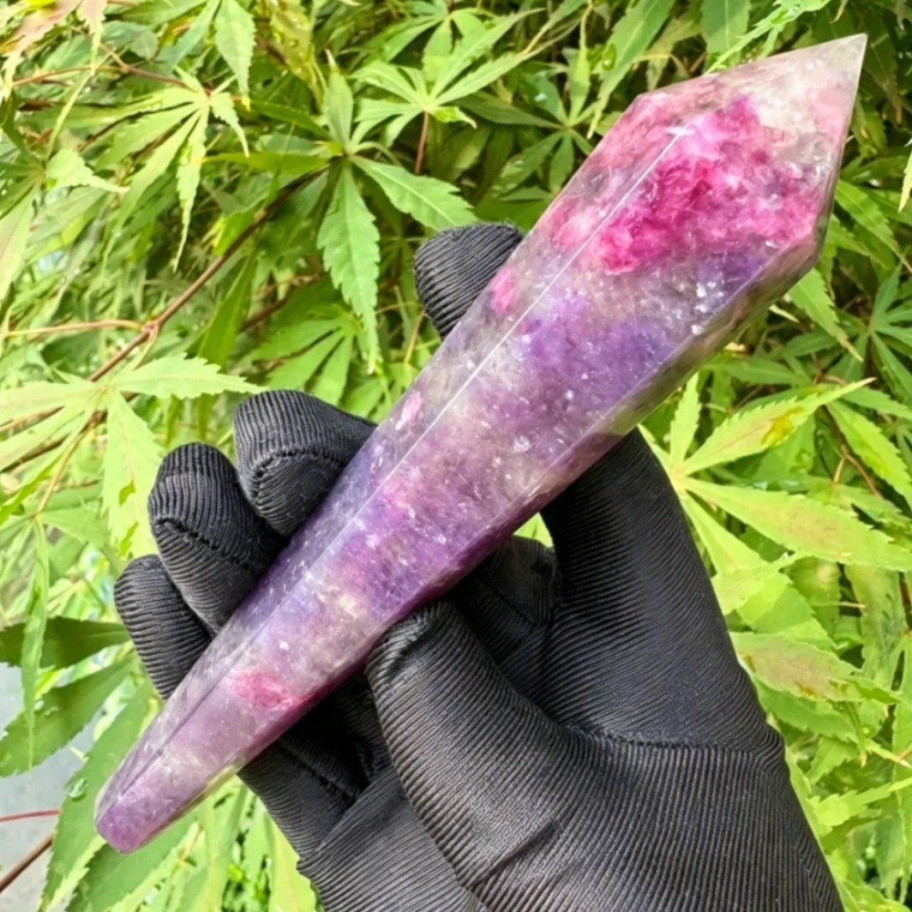 Natural Pink Tourmaline Quartz Crystal Wand Tower Healing Stone Decor + stand