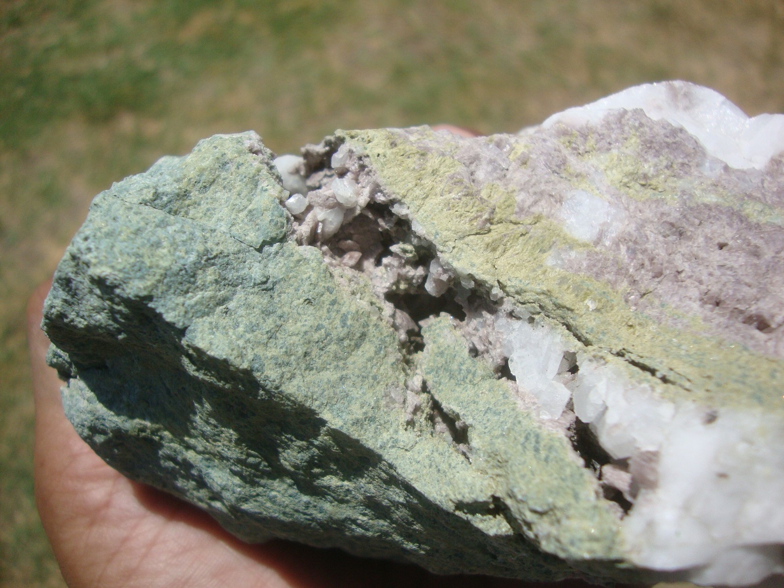 Light purple Axinite, green Epidote, and white Quartz, Stanislaus Co., CA