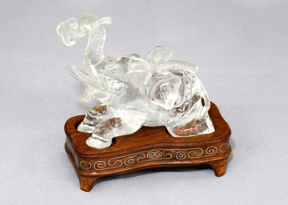 Hand-carved and hand-polished natural crystal quartz. elephant