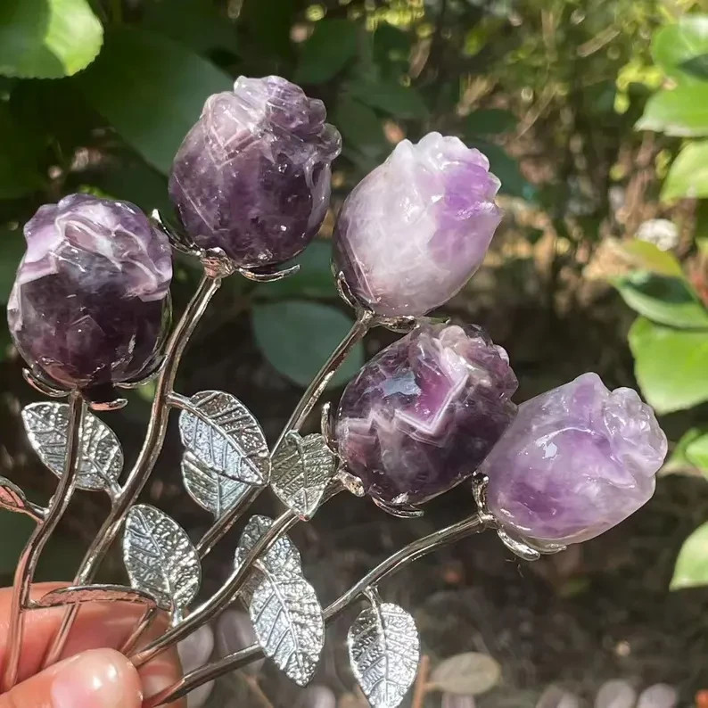 Natural Hand Carved Dreamy Purple Quartz Crystal,Rose flower Home Decor Gift 1pc