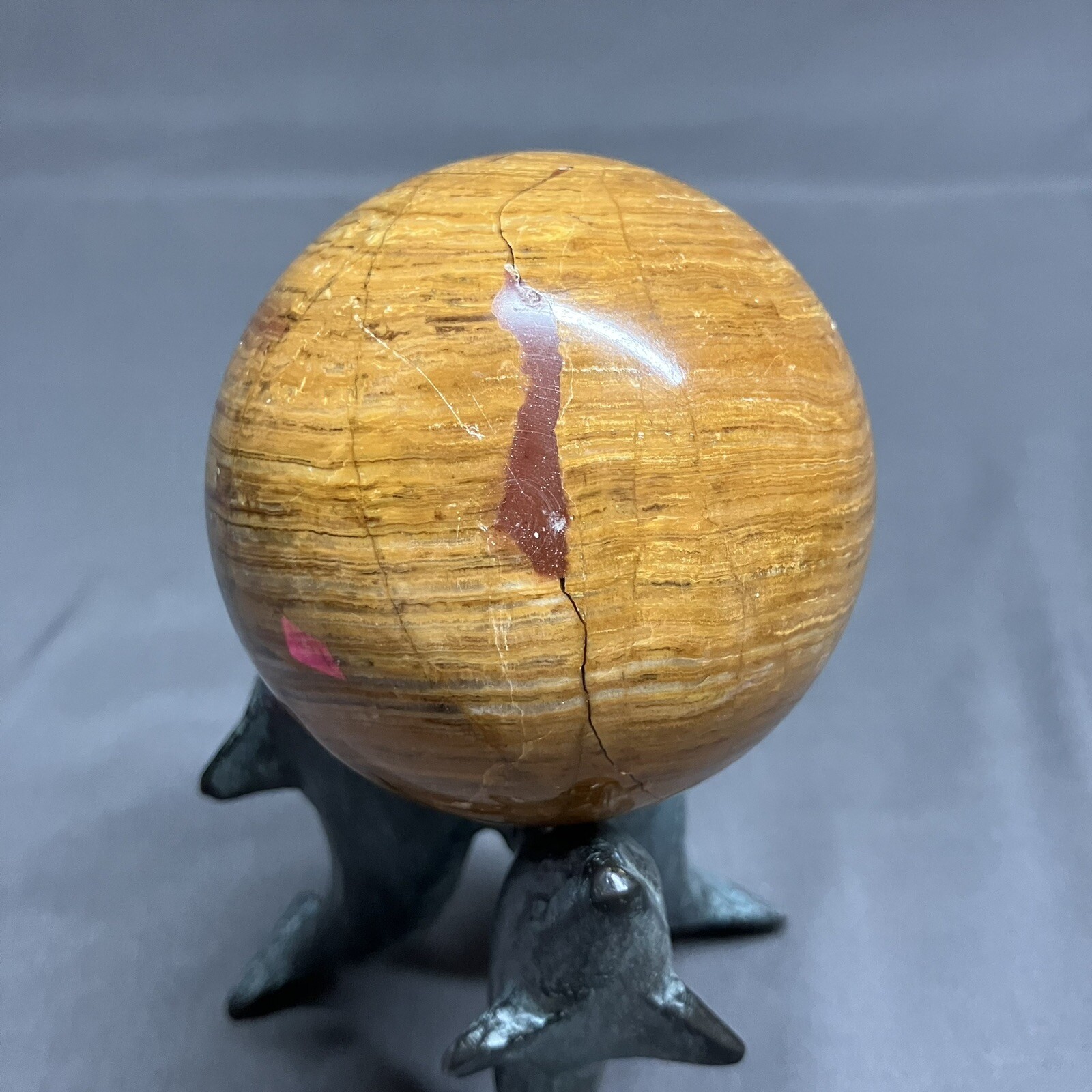 3” Banded Gemstone Dolphin Stand / Onyx ? Stone / Sphere Ball / 76mm / REPAIRED