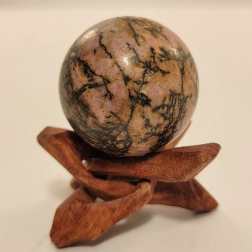 Rhodonite Sphere Polished Rock Pink Gemstone With Wooden Tripod Stand