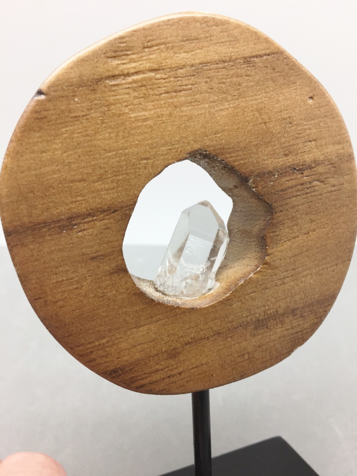 Natural Quartz Crystal In Wood Display Pedestal Modern Home Decor Interior 7″