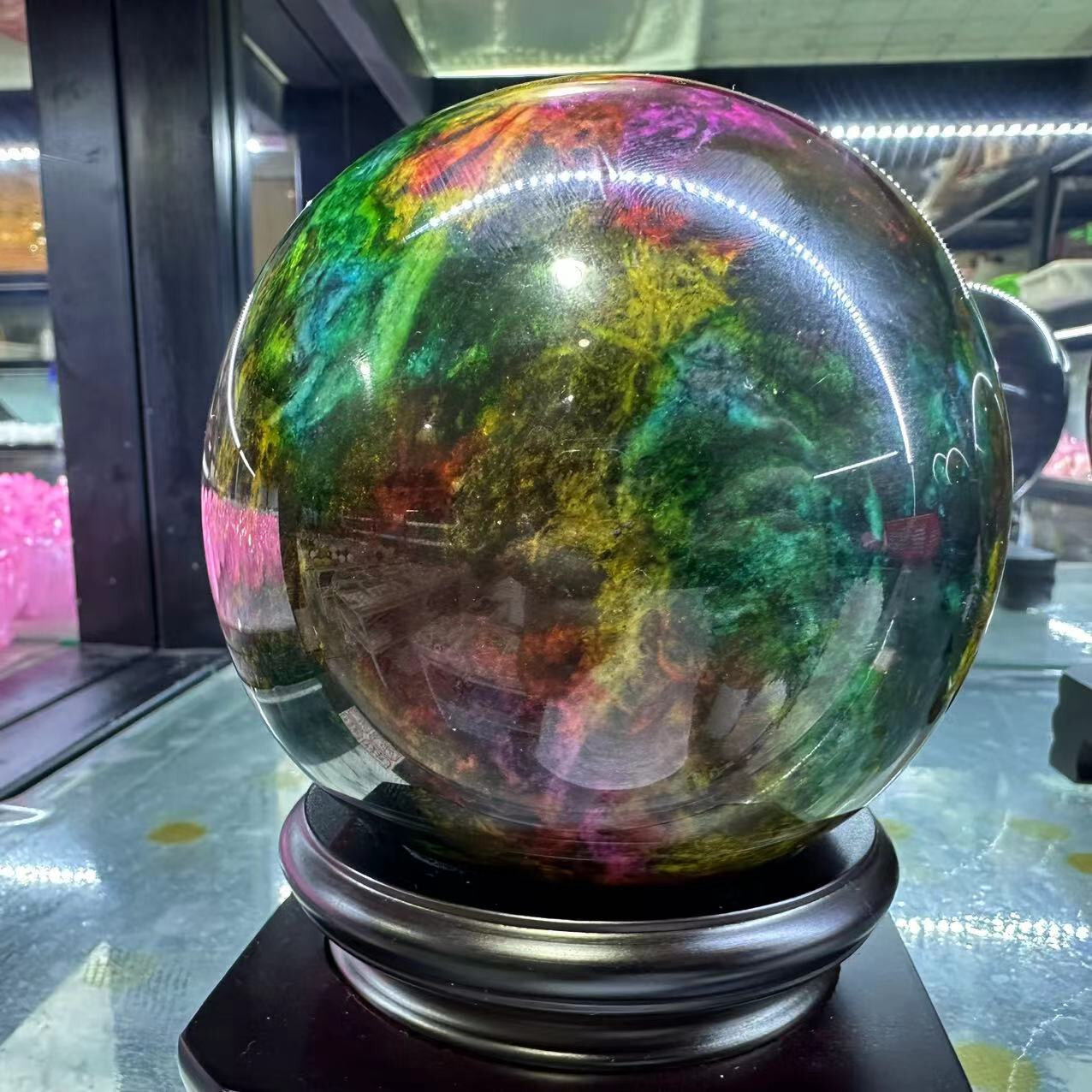 Natural “Seven Colors Jade” sphere quartz polished ball decor gift+stand 3.9LB+
