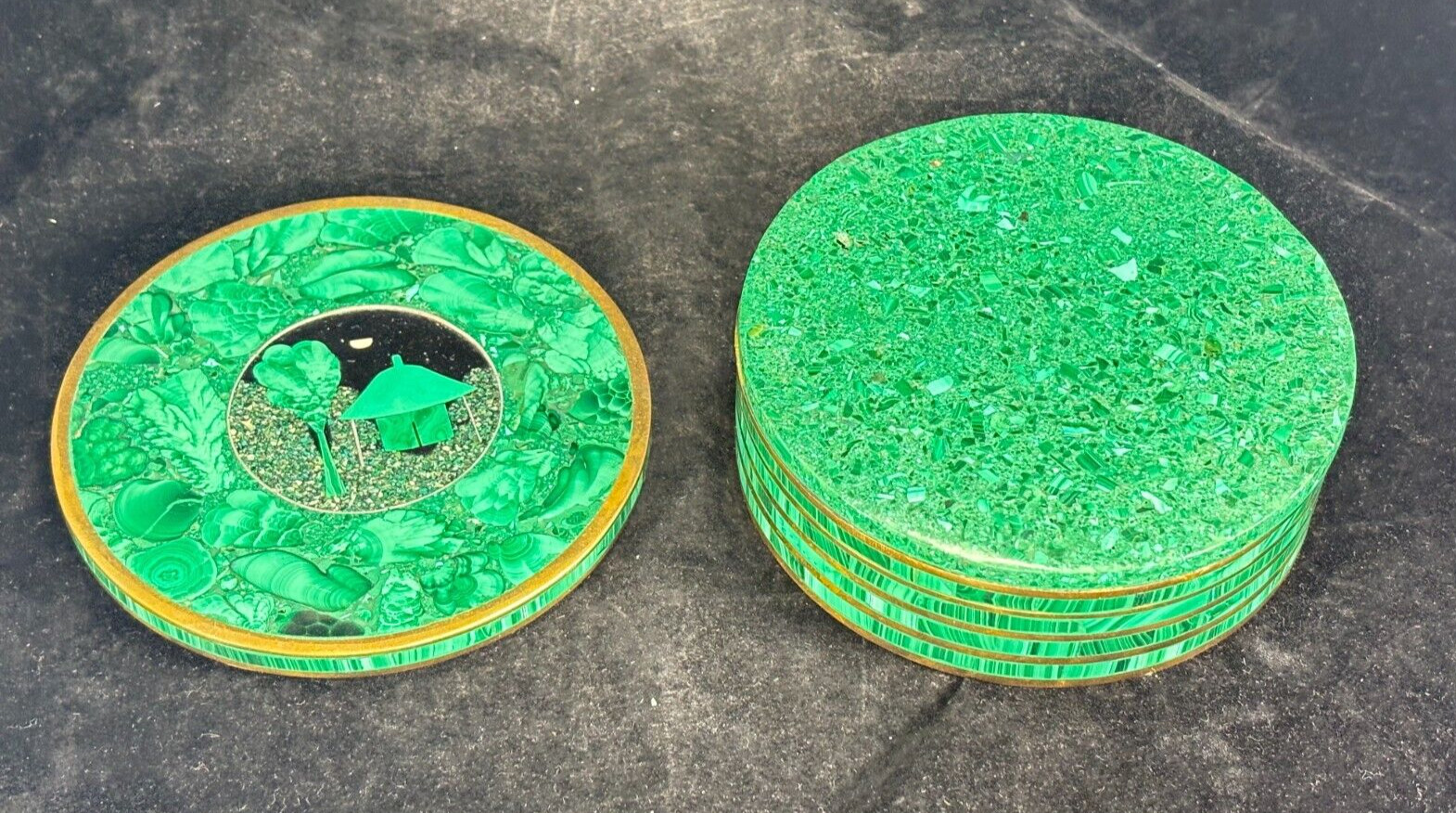 Vintage Green Malachite & Brass Round Box from Congo – Pietra Dura Scene on Top