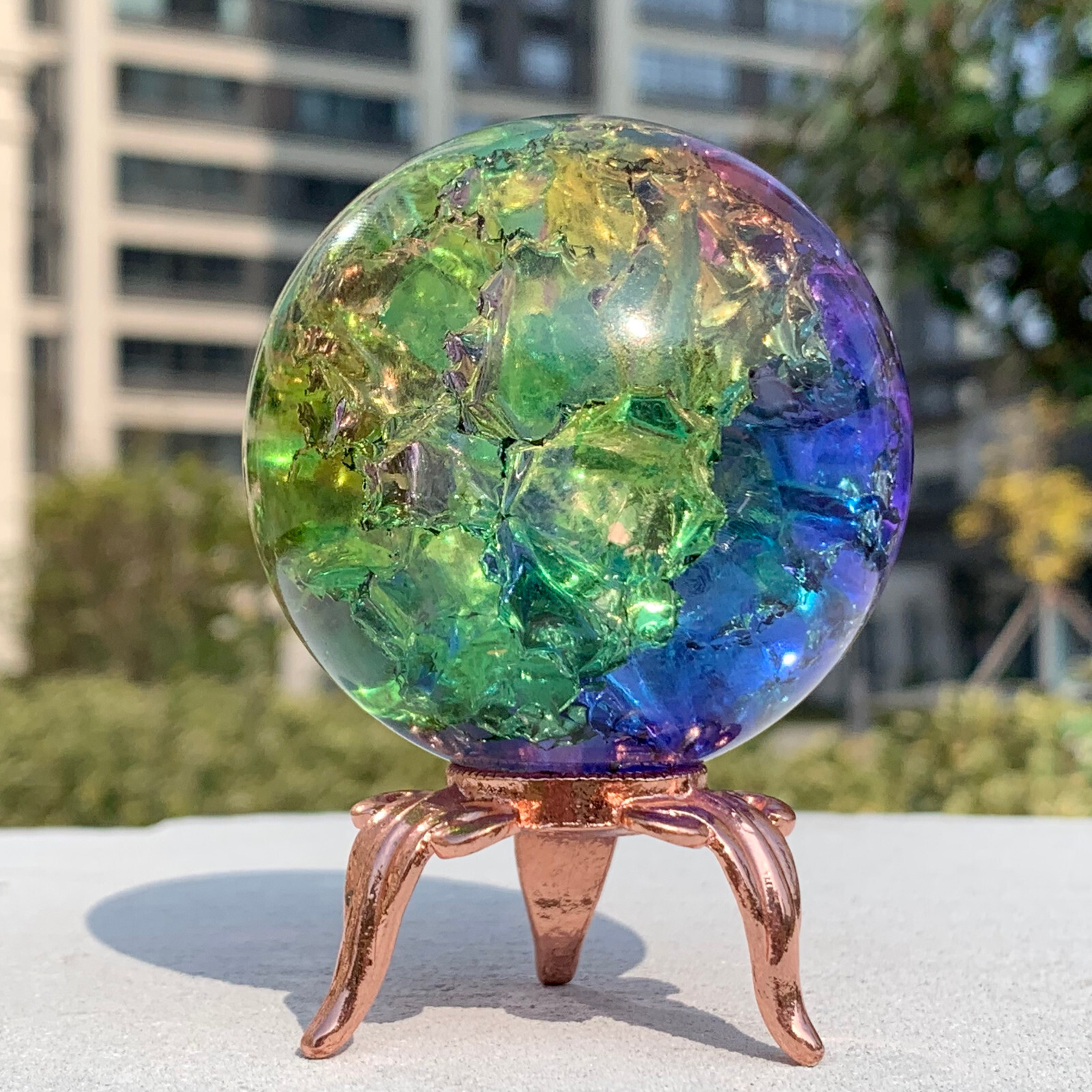279G Natural Titanium Rainbow Quartz sphere Crystal ball Healing+stand