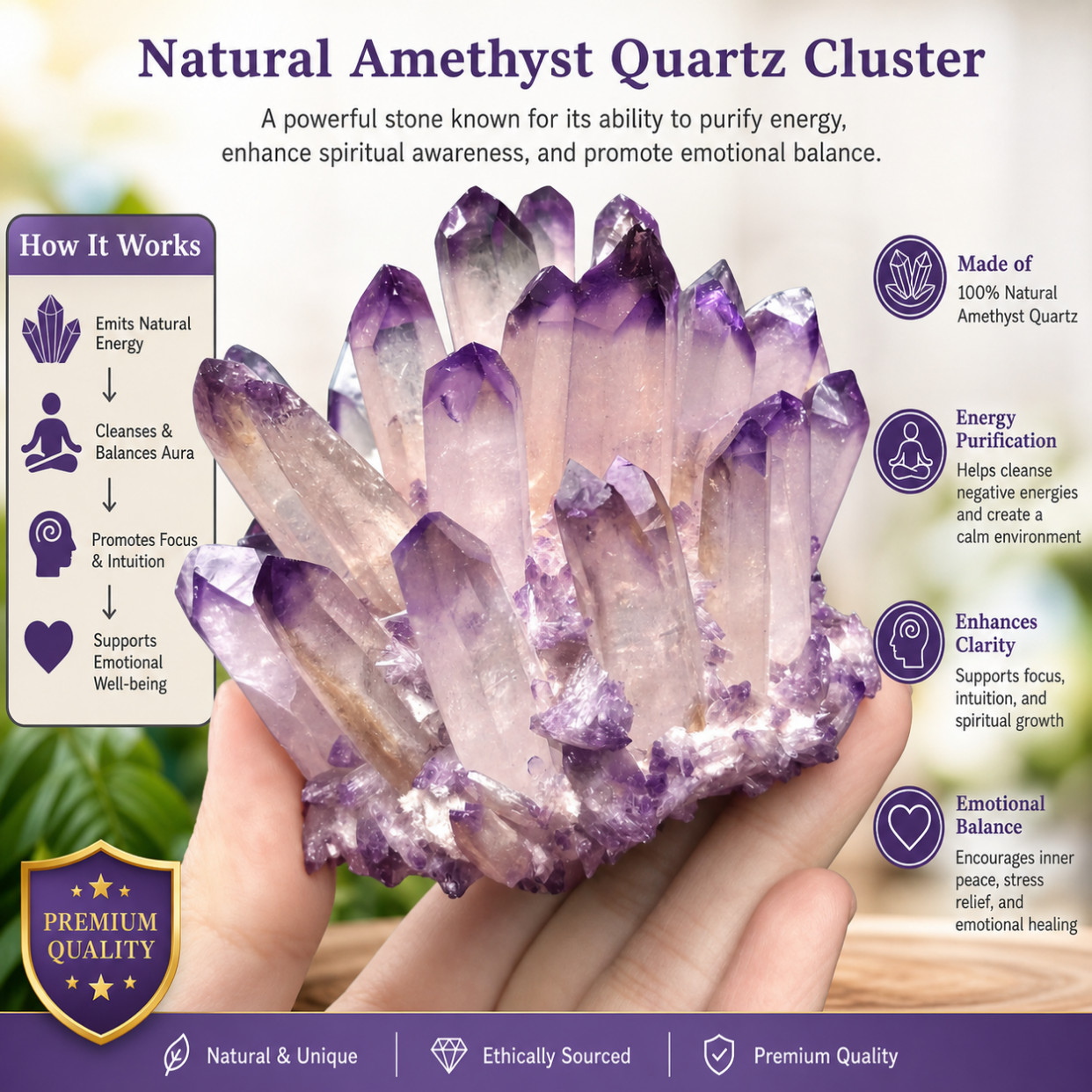 Rare Light Purple Phantom Amethyst Crystal Cluster Geode Home Decor