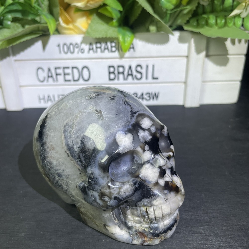 1.6LB 3.5″ Black Flower Agate Skull Carved Crystal Quartz Decor Reiki Gift