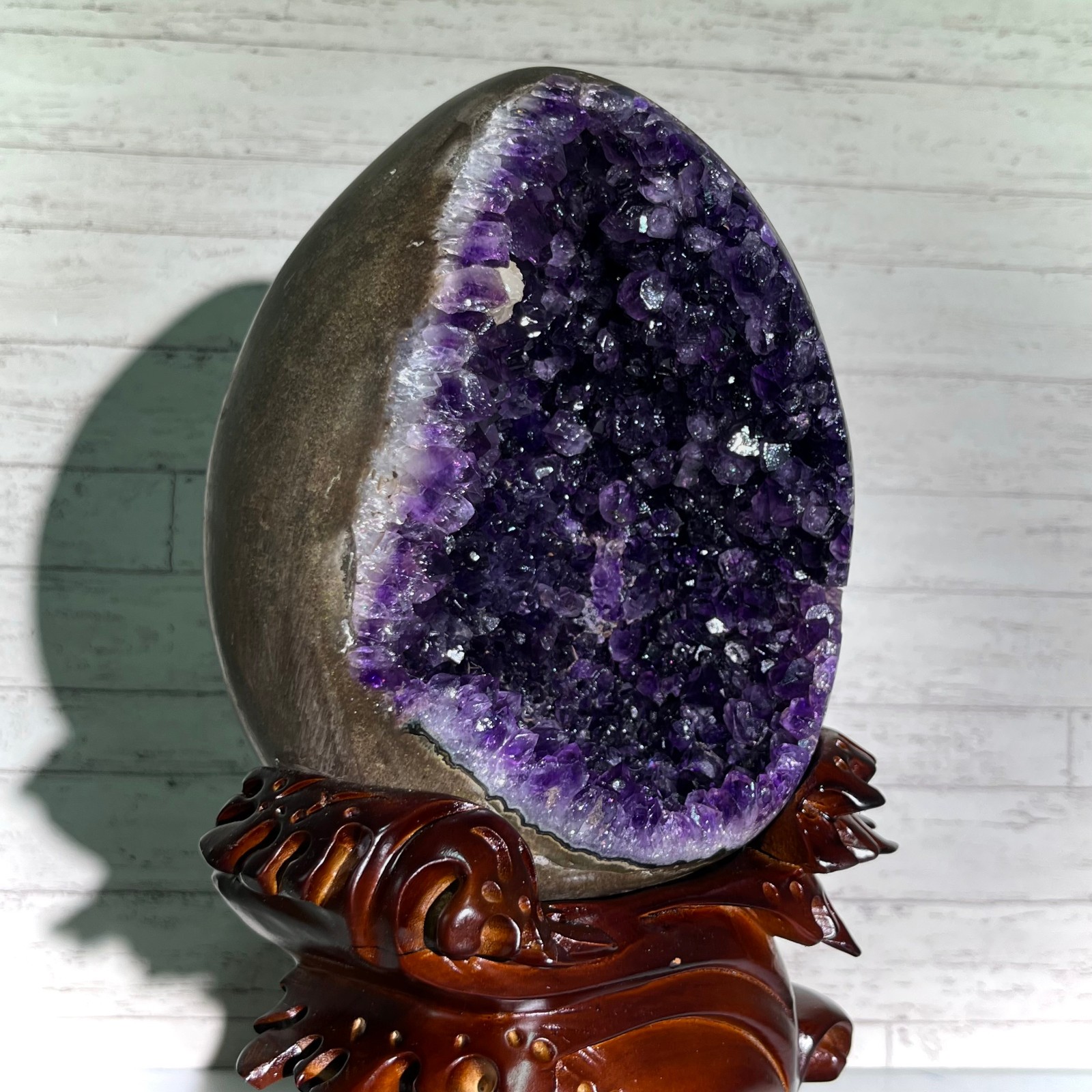 13.4 lb Amethyst Cluster Geode Dragon Egg Crystal w/ Wood Stand Mineral Specimen