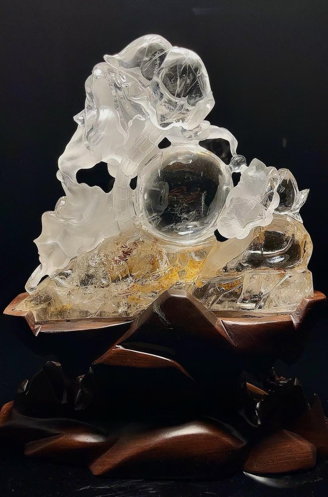12.2LB Natural crystal fire quartz Carved fish Reiki energy Decor+Stand