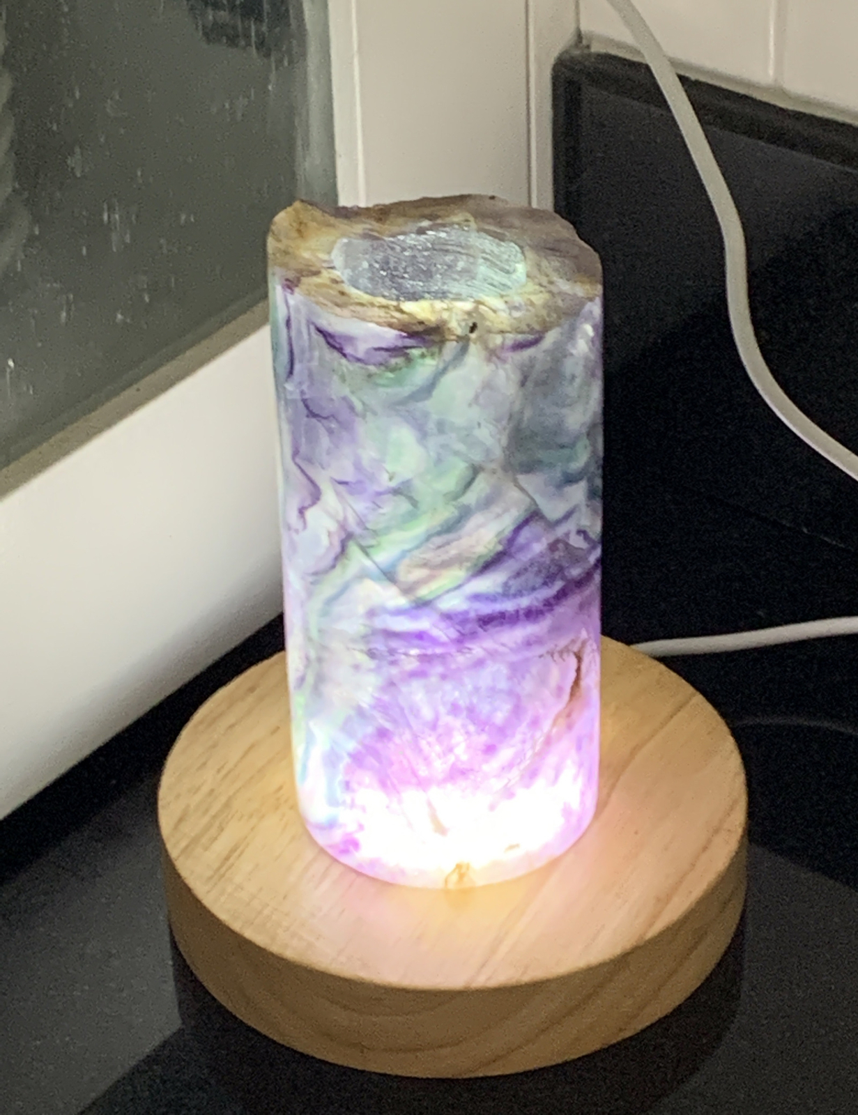 Rainbow Fluorite 4.25” Heavy Hollow Cylinder Night Light With LED Sphere Stand