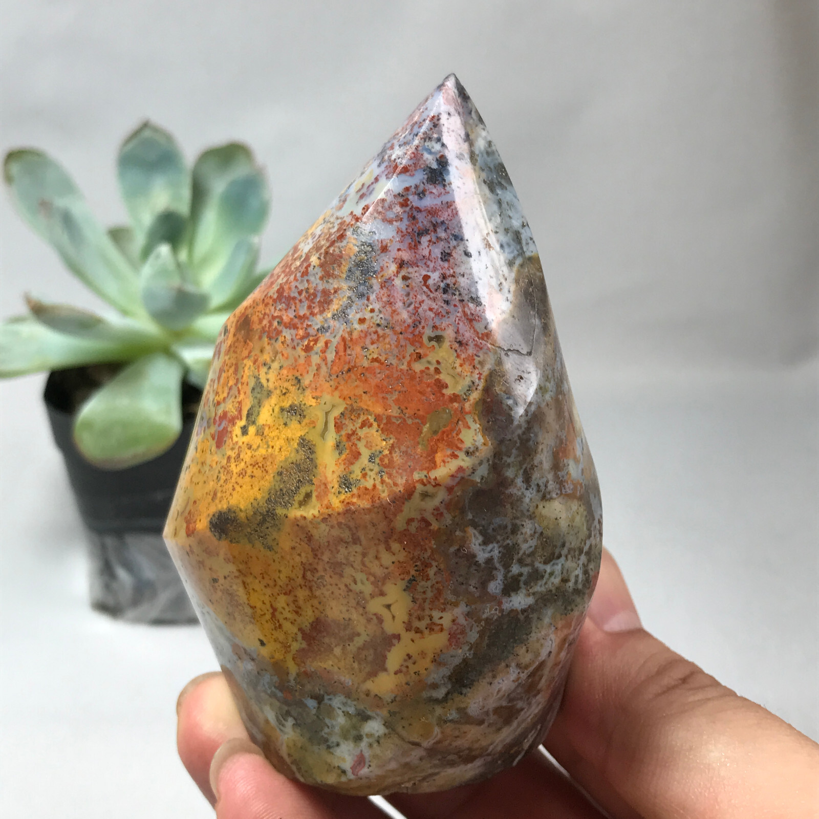 Natural Ocean Jasper torch Hand carve polish Crystal free standing 386g g6622